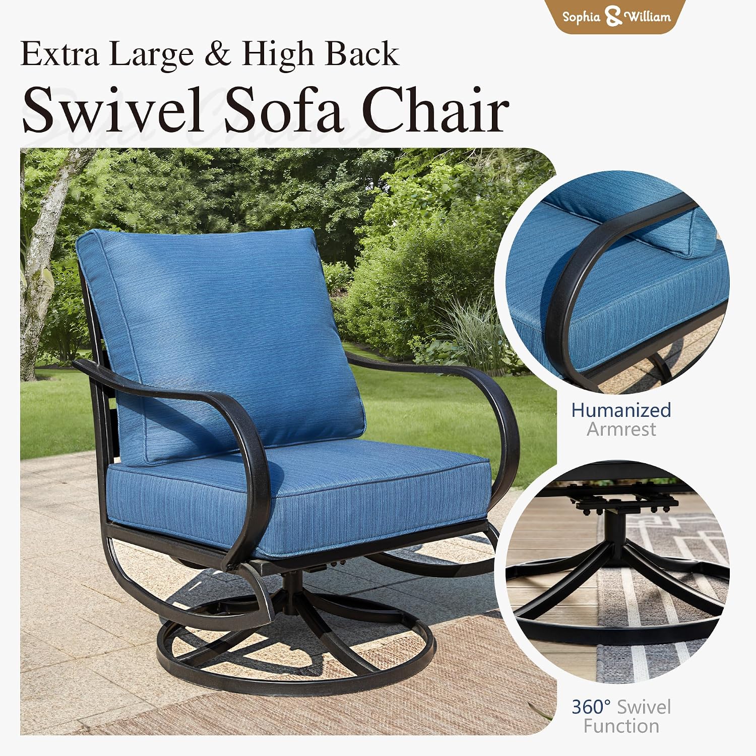 Sophia & William Patio Furniture Sets 5 Seats Outdoor Metal Conversation Sets with 2 x Cushioned Swivel Sofa Chairs,1 x 3-Seat Sofa, 1x Marbling Metal Coffee Table Lawn Backyard Poolside Peacock Blue