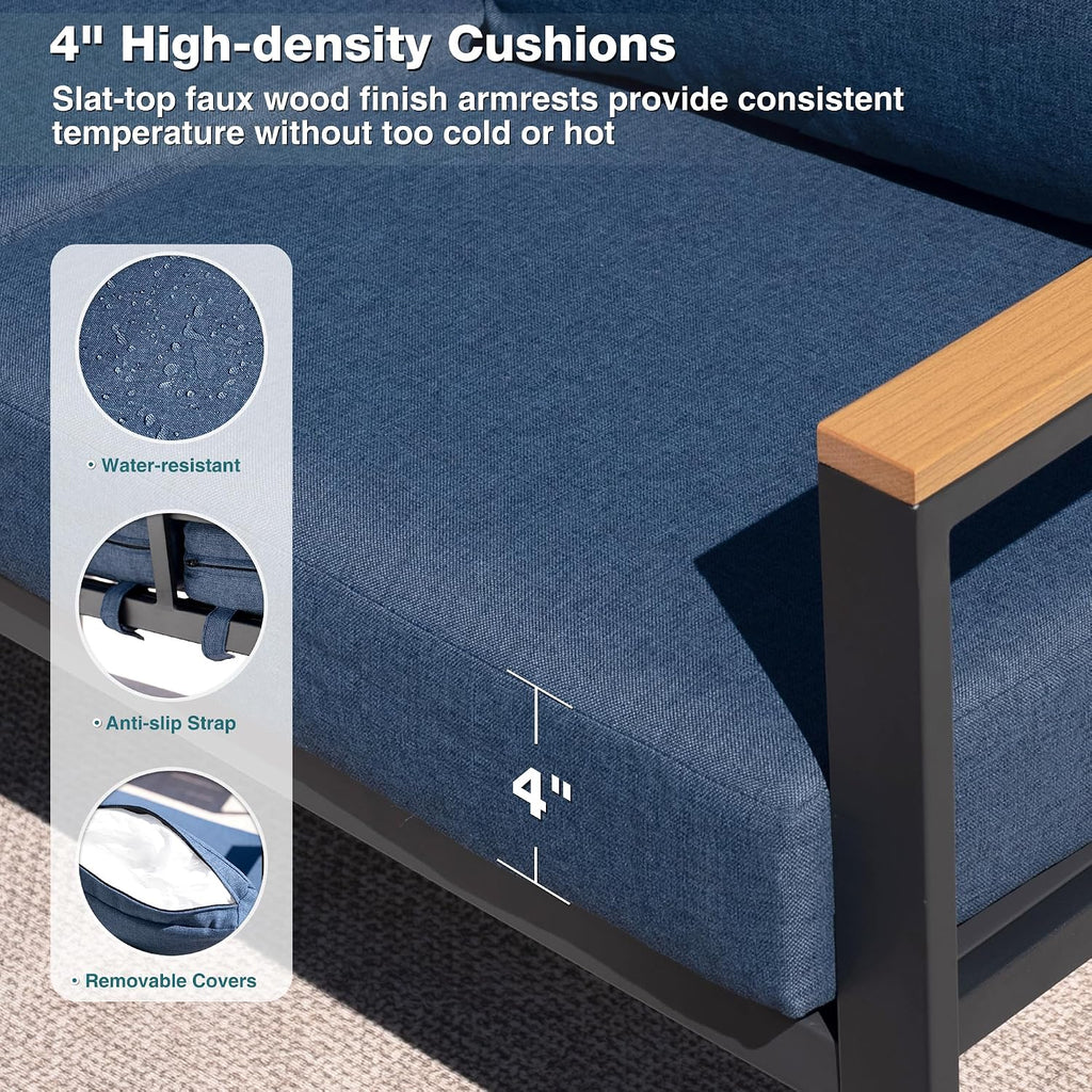 Patio Furniture Set, 4 Pieces Outdoor Patio Furniture with Coffee Table Set, Metal Patio Conversation Sets with Washable and High-Resiliency Sponge Cushions, Upgrade Blue