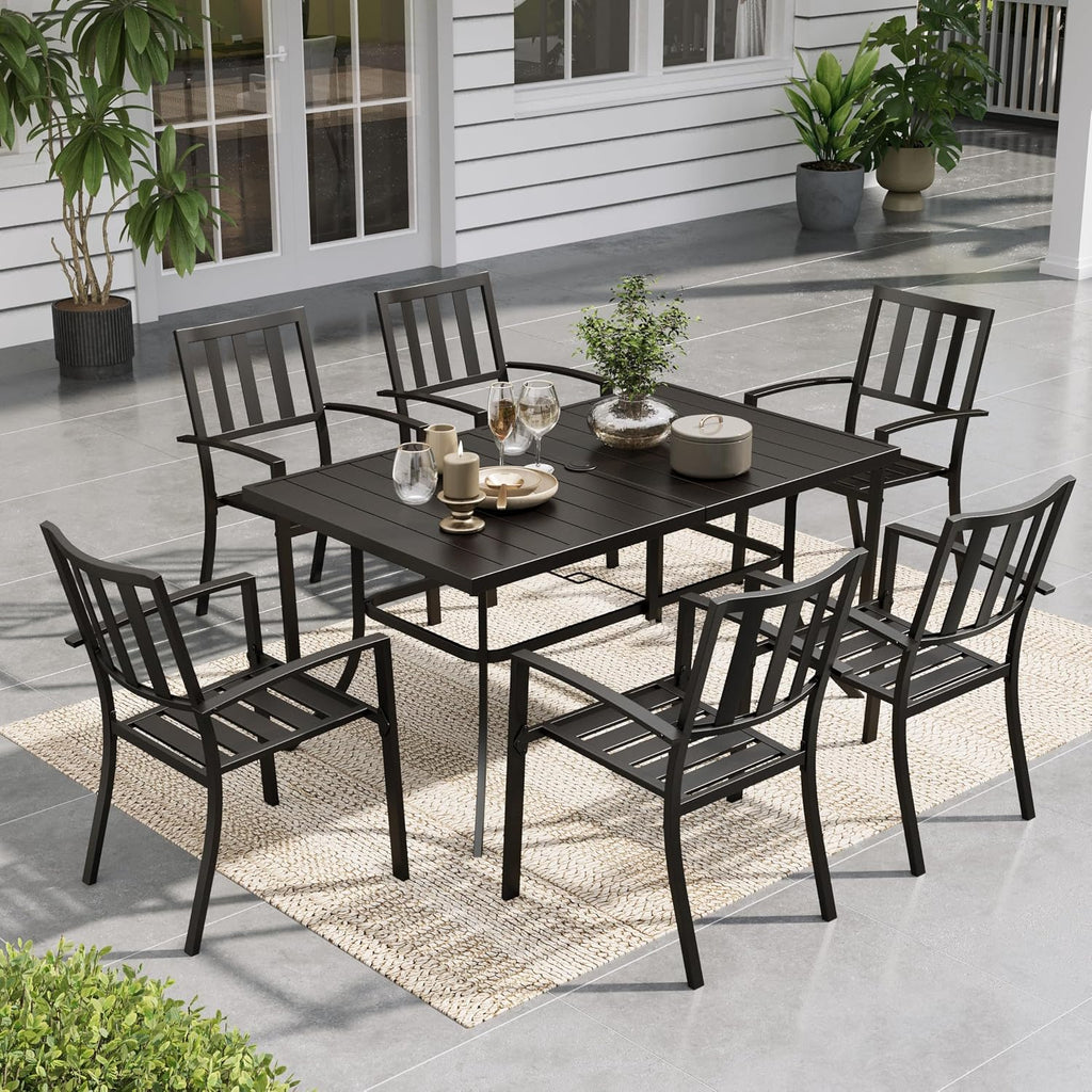 Sophia & William Patio Table and Chairs Set, Outdoor Dining Set for 6, 7 Piece Metal Patio Furniture, 60' Black Rectangular Table(Stripe)