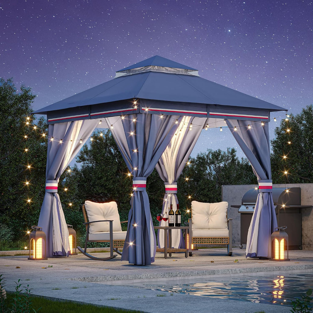 LAUSAINT HOME Gazebo 8x8ft, Heavy Duty Patio Gazebo with Expansion Bolts, Party Canopy Tent with Double Roofs, Mosquito Nettings and Privacy Screens for Backyard, Garden, Lawn, Classic Blue