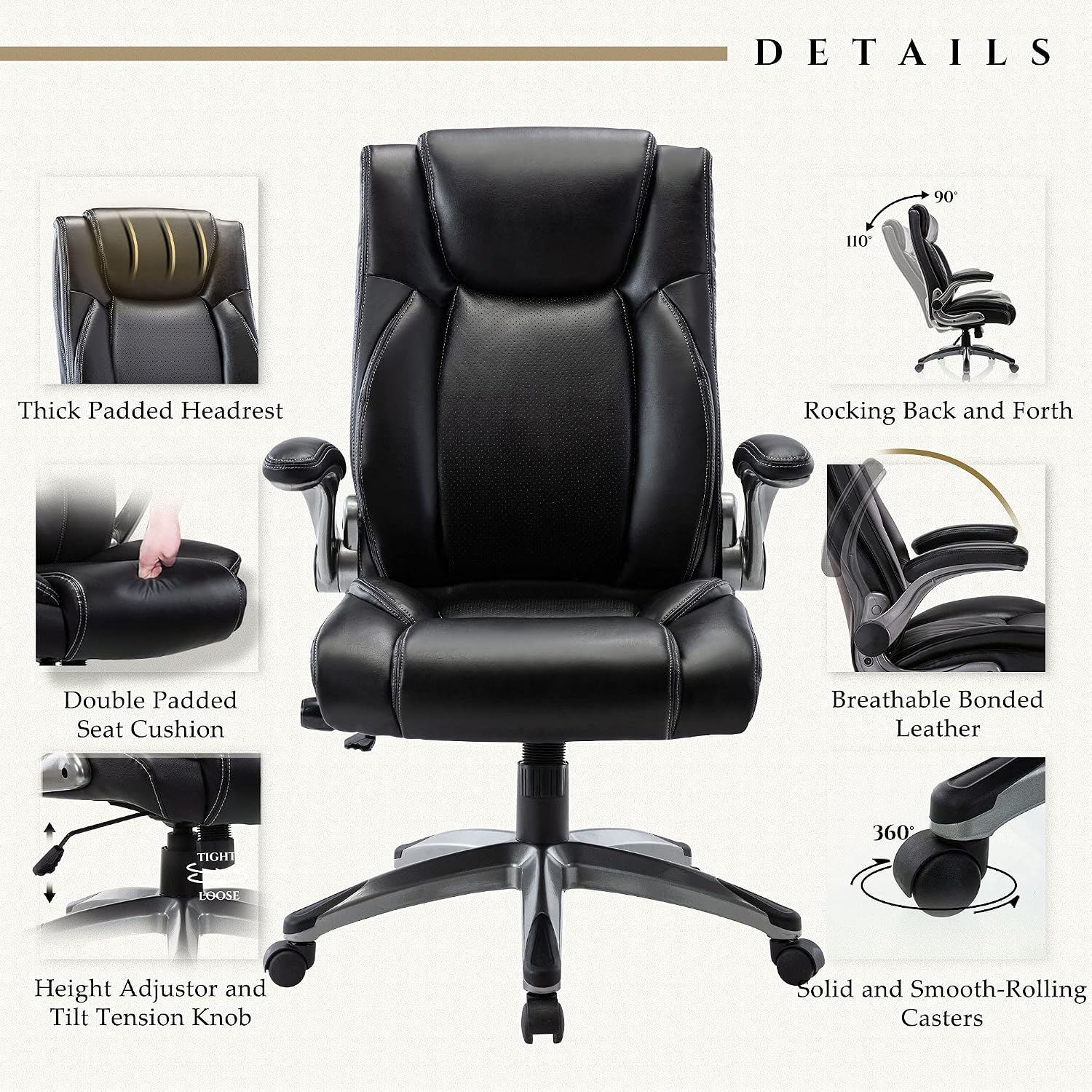Executive Leather Office Chair, Ergonomic Office Chair with Adjustable Lumbar Support,High Back Computer Desk Chair, Flip-up Arms, Swivel Rolling Home Office Work Chair for Adults, Men, Women (Black)