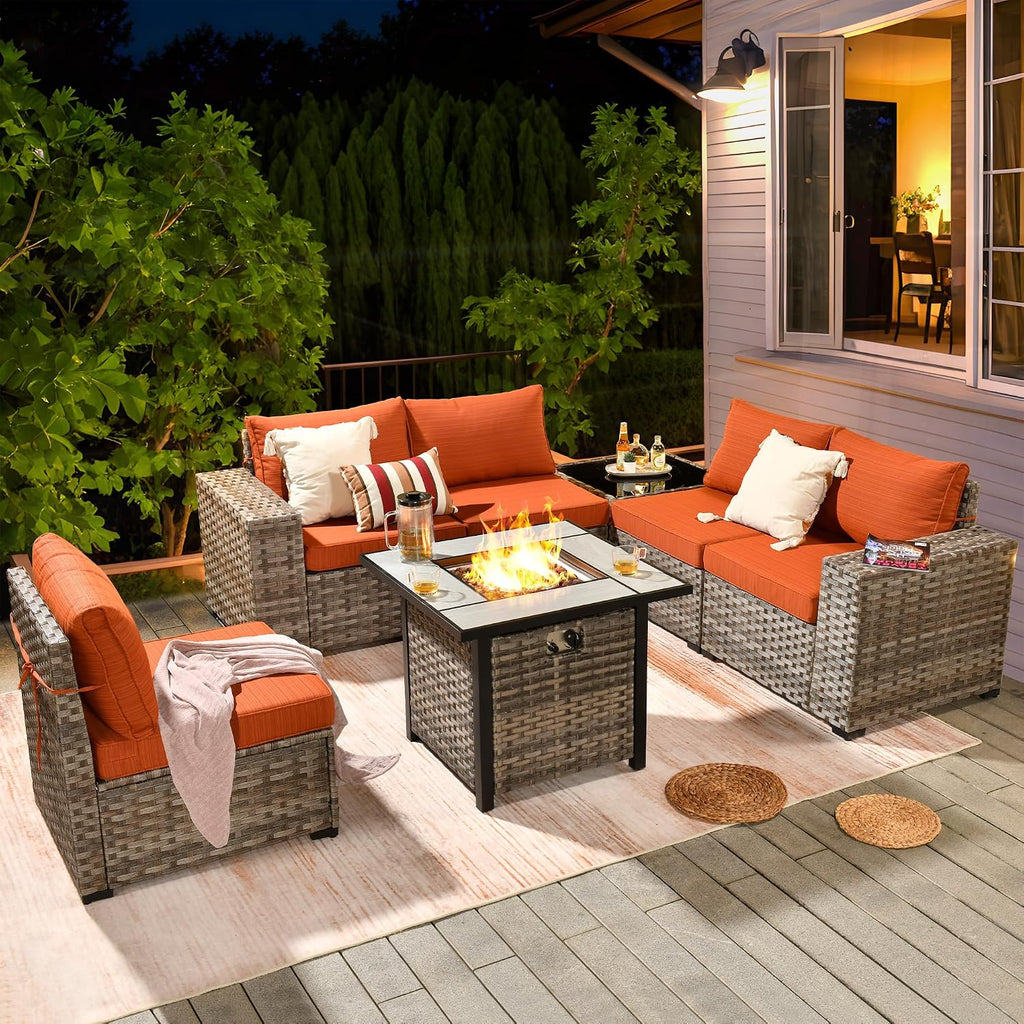 ovios 7 Pieces Patio Furniture Set, Outdoor Wicker Sectional Sofa with 30 Inch Fire Pit Table Comfy Cushions, Modern Modular Deep Seat Rattan Couch Conversation Set, Orange Red