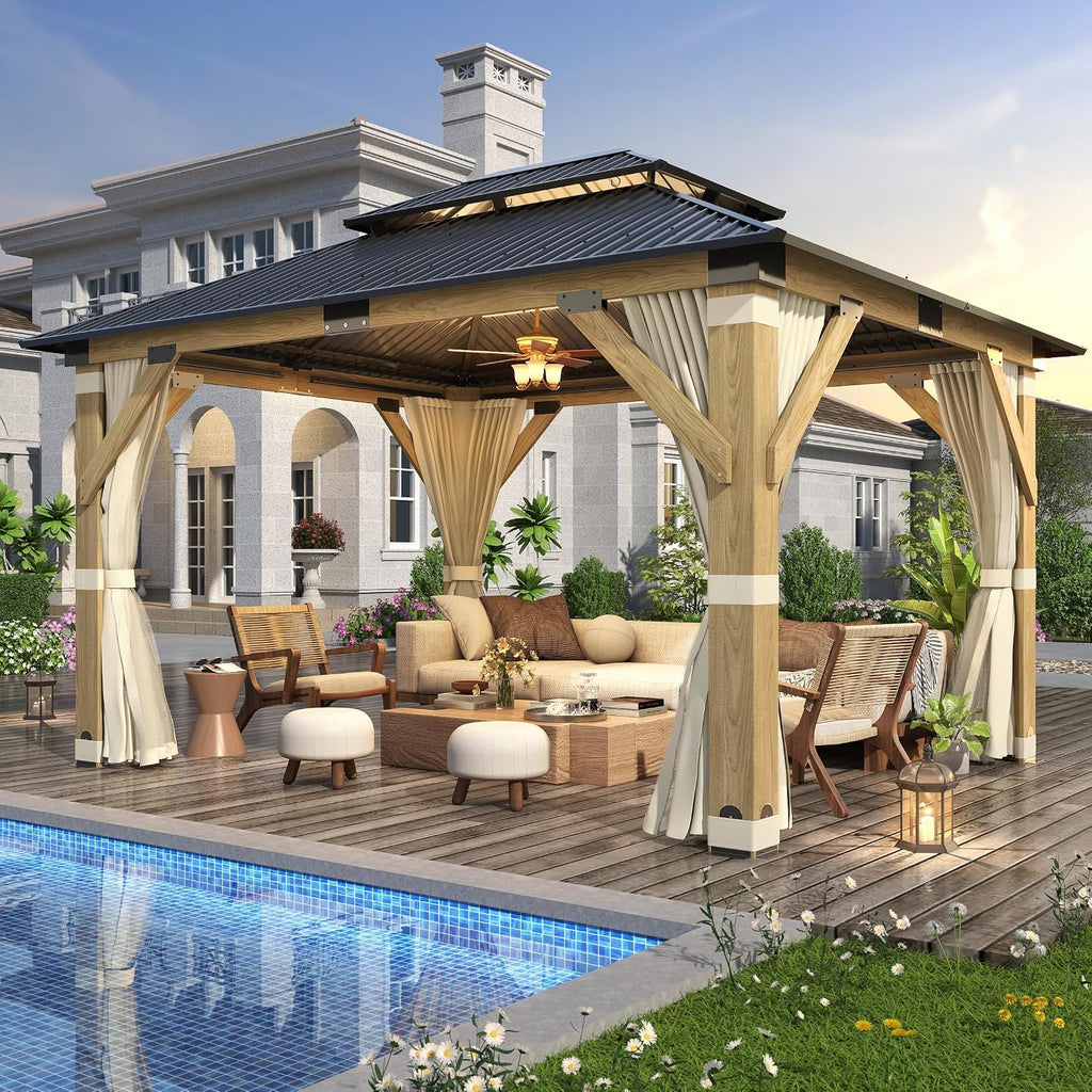 GARTOO 11'x13' Outdoor Wooden Gazebo, Patio Galvanized Steel Wood Gazebo with Privacy Curtains and Netting, Vented Double Roof Hardtop Pavilion for Garden, Porch, Lawn, Poolside, Backyard, Deck