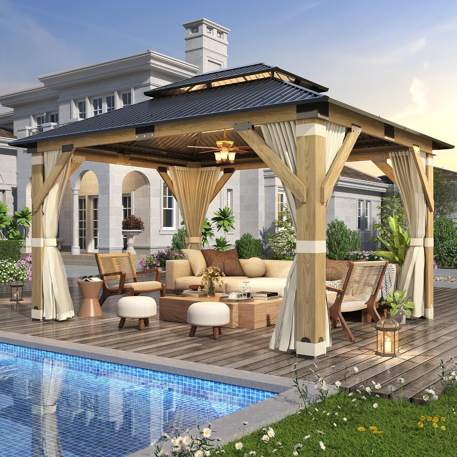 GARTOO 11'x13' Outdoor Wooden Gazebo, Patio Galvanized Steel Wood Gazebo with Privacy Curtains and Netting, Vented Double Roof Hardtop Pavilion for Garden, Porch, Lawn, Poolside, Backyard, Deck
