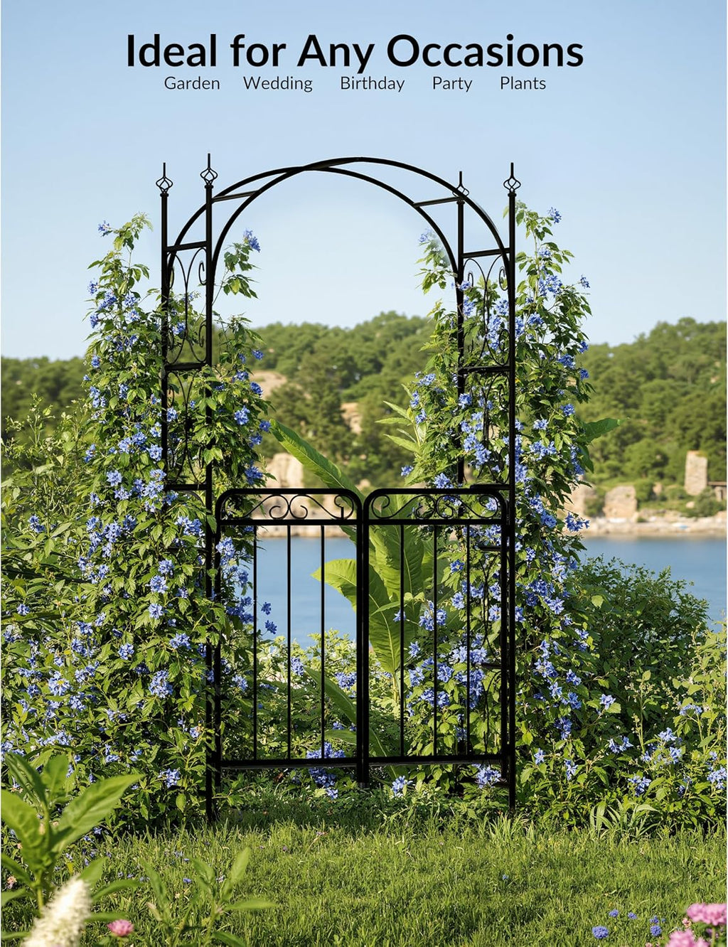 8FT Elegant Garden Arch with Double Gates - Metal Wedding Arbor for Outdoor Ceremonies, Sturdy Steel Trellis for Roses, Vines & Climbing Plants, Perfect for Patio, Lawn & Backyard Decor