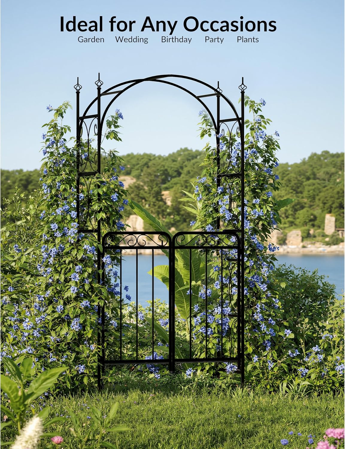 8FT Elegant Garden Arch with Double Gates - Metal Wedding Arbor for Outdoor Ceremonies, Sturdy Steel Trellis for Roses, Vines & Climbing Plants, Perfect for Patio, Lawn & Backyard Decor