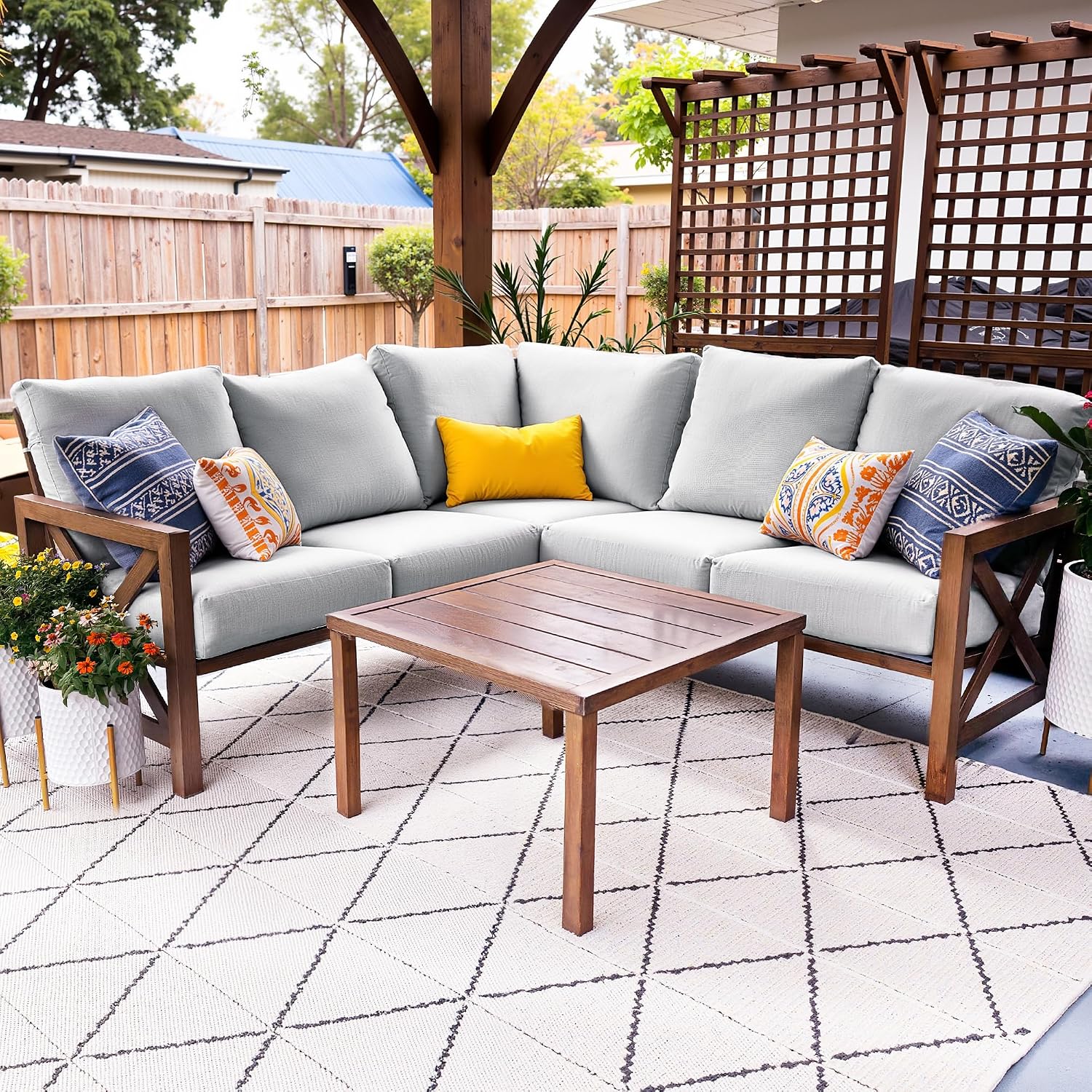 NATURAL EXPRESSIONS 6 Pieces Patio Furniture Sets,Sunbrella Outdoor Furniture Sets Patio L Shape Sectional Couch Sofa Patio Conversation Sets with 6.5' Grey Cushions,Hand-Paint Fauxwood Metal Frame