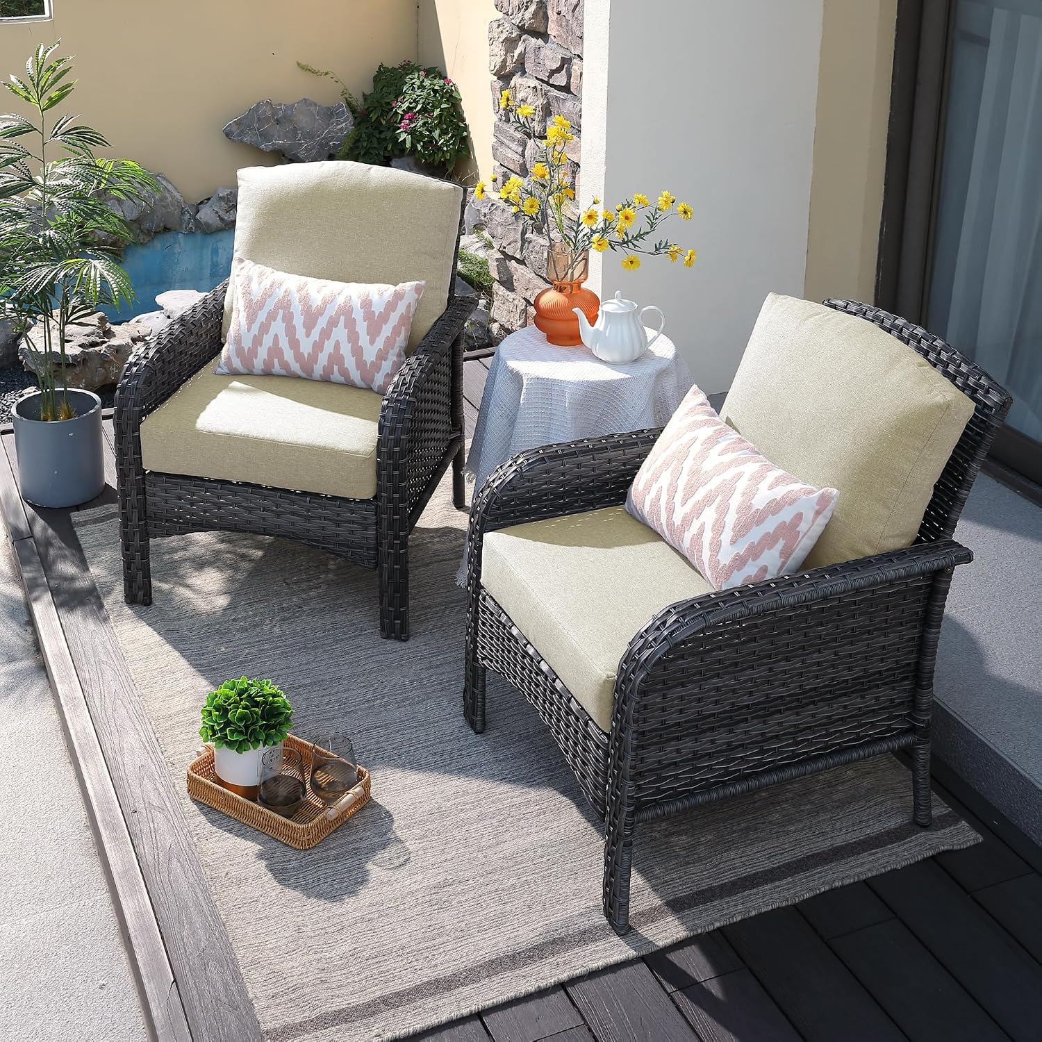 ovios 2-Piece Patio Furniture Set, Outdoor Wicker Sofa with Chairs, High Back Rattan Chair with Comfy Cushions for Porch Yard Deck, Beige