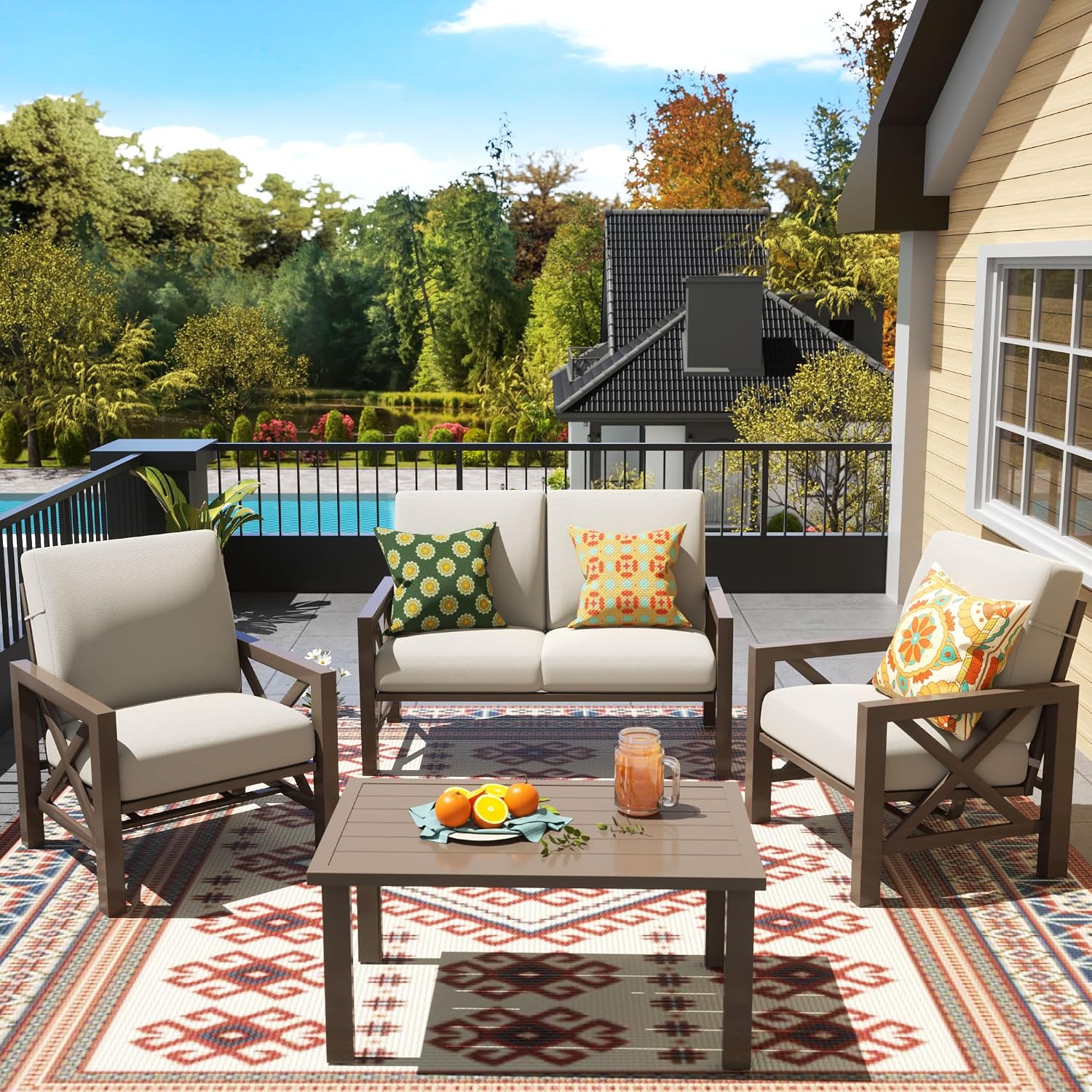 NATURAL EXPRESSIONS Patio Furniture Sets, 4 Pieces Outdoor Furniture Modern Metal Patio Sectional Sofa Conversation Set,2 Motion Rocking Chairs,6.5' Olefin Cushions for Yard,Porch,Poolside