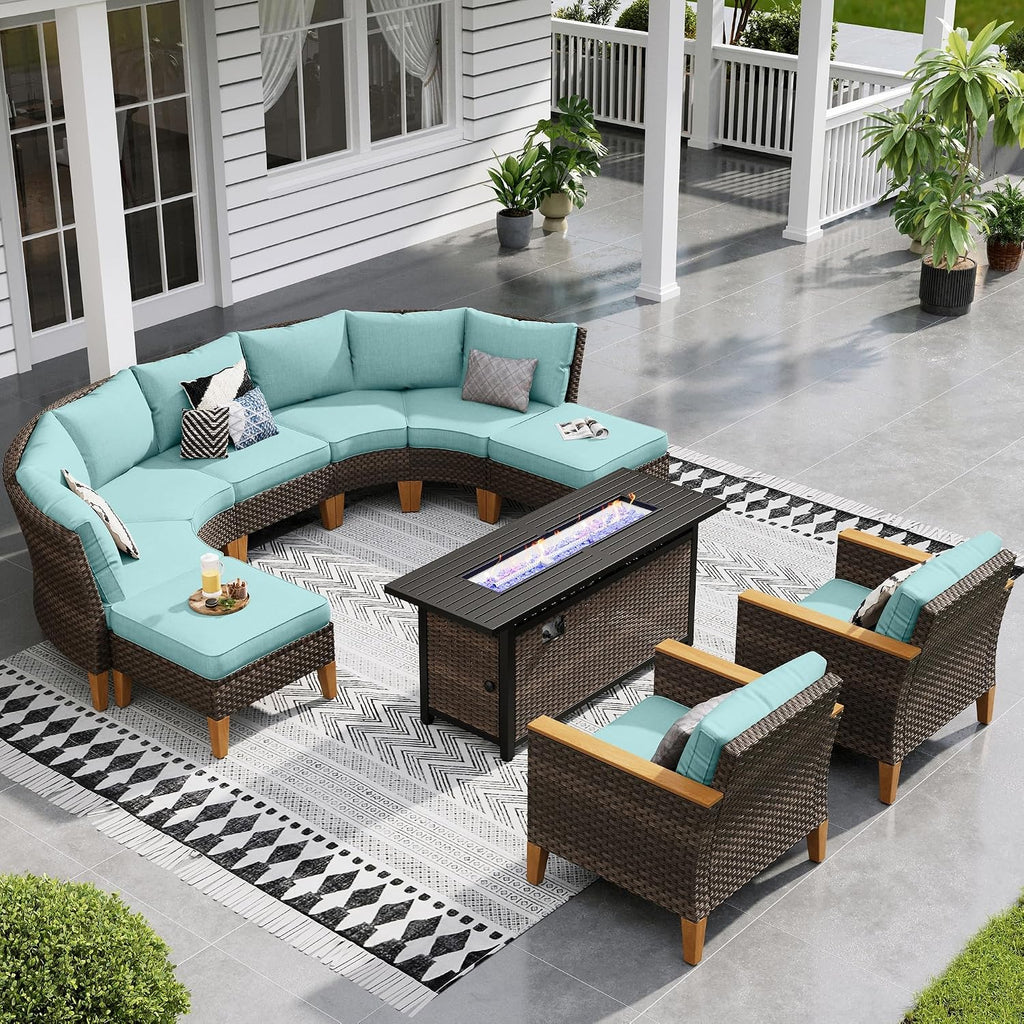 Sophia & William Patio Furniture Set with Fire Pit Table, 10 Piece Half Moon Outdoor Wicker Sectional Sofa Set, Rattan Conversation Set with 56-Inch Fire Pit Table for Backyard, Deck, Pool(Aqua Blue)