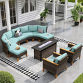 Sophia & William Patio Furniture Set with Fire Pit Table, 10 Piece Half Moon Outdoor Wicker Sectional Sofa Set, Rattan Conversation Set with 56-Inch Fire Pit Table for Backyard, Deck, Pool(Aqua Blue)