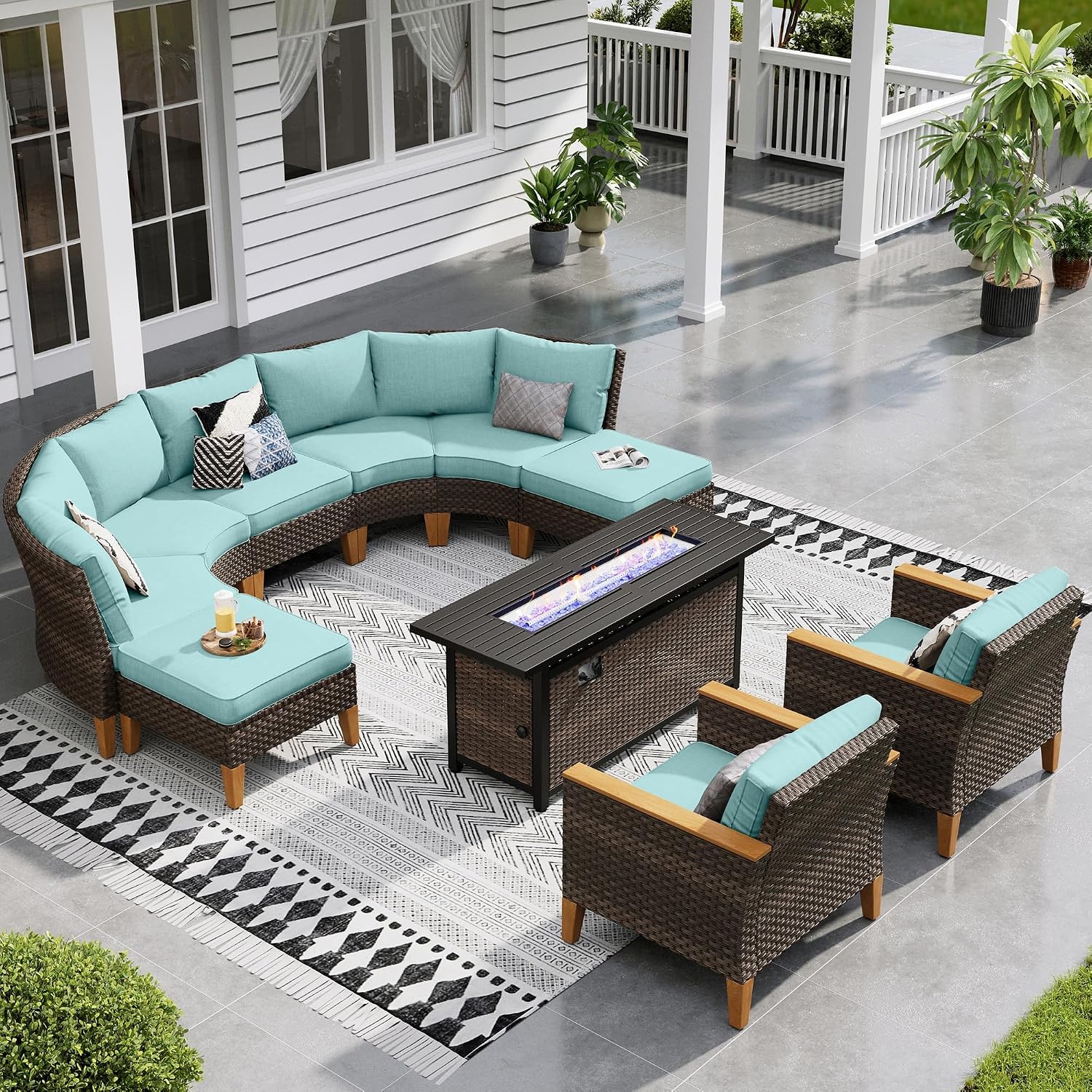 Sophia & William Patio Furniture Set with Fire Pit Table, 10 Piece Half Moon Outdoor Wicker Sectional Sofa Set, Rattan Conversation Set with 56-Inch Fire Pit Table for Backyard, Deck, Pool(Aqua Blue)