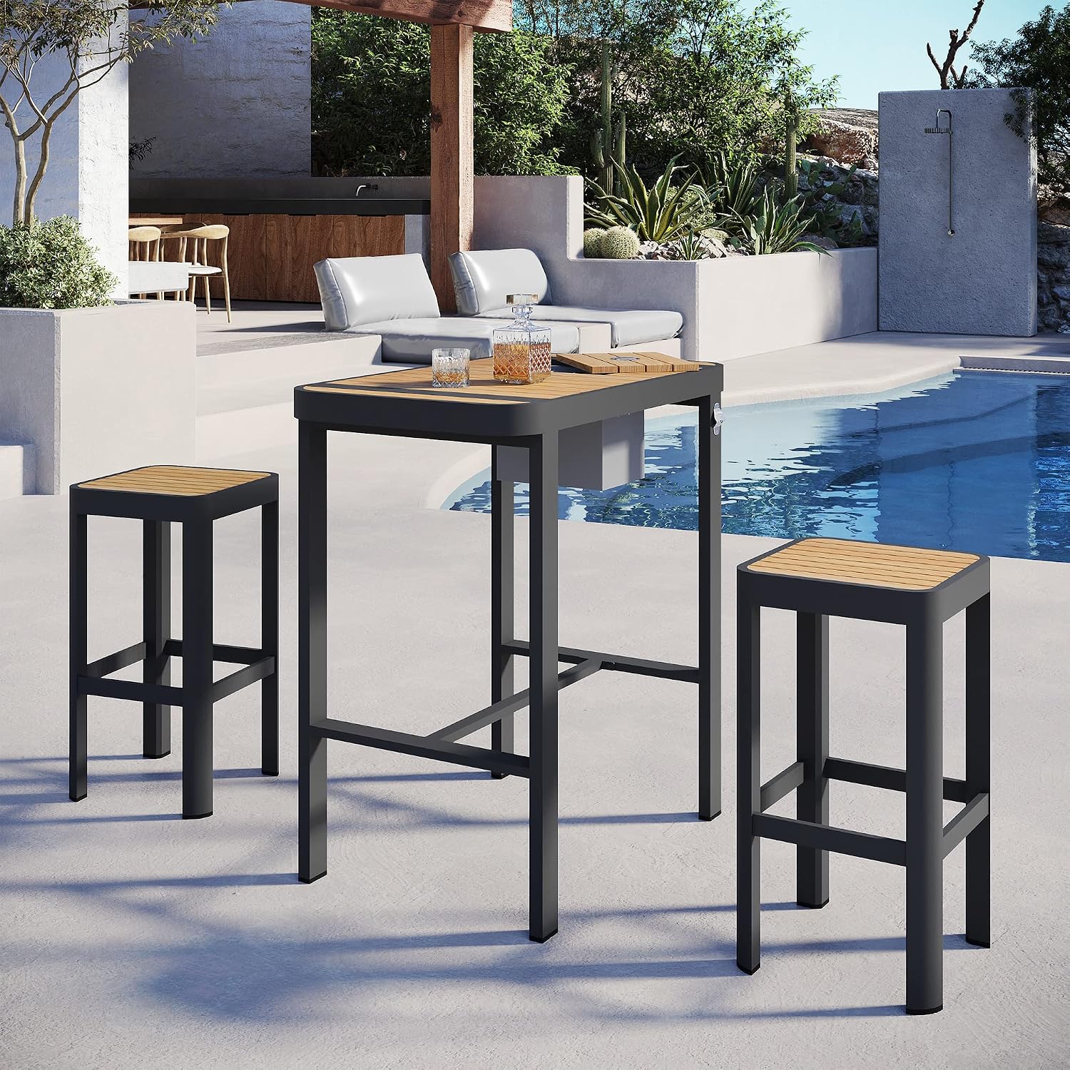 EAST OAK Signature 3-Piece Outdoor Bar Set, Patio Table with Teak Wood and Aluminum, Outdoor Patio Furniture for 2, Outdoor High Top Table and Chairs Set for Backyard, Garden and Pool, Dark Grey