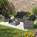 FHFO 4 Piece Patio Furniture Set, Wicker Outdoor Conversation Furniture Set, All Weather Patio Sofa Couch with Cushion & Glass Table, Grey/Black