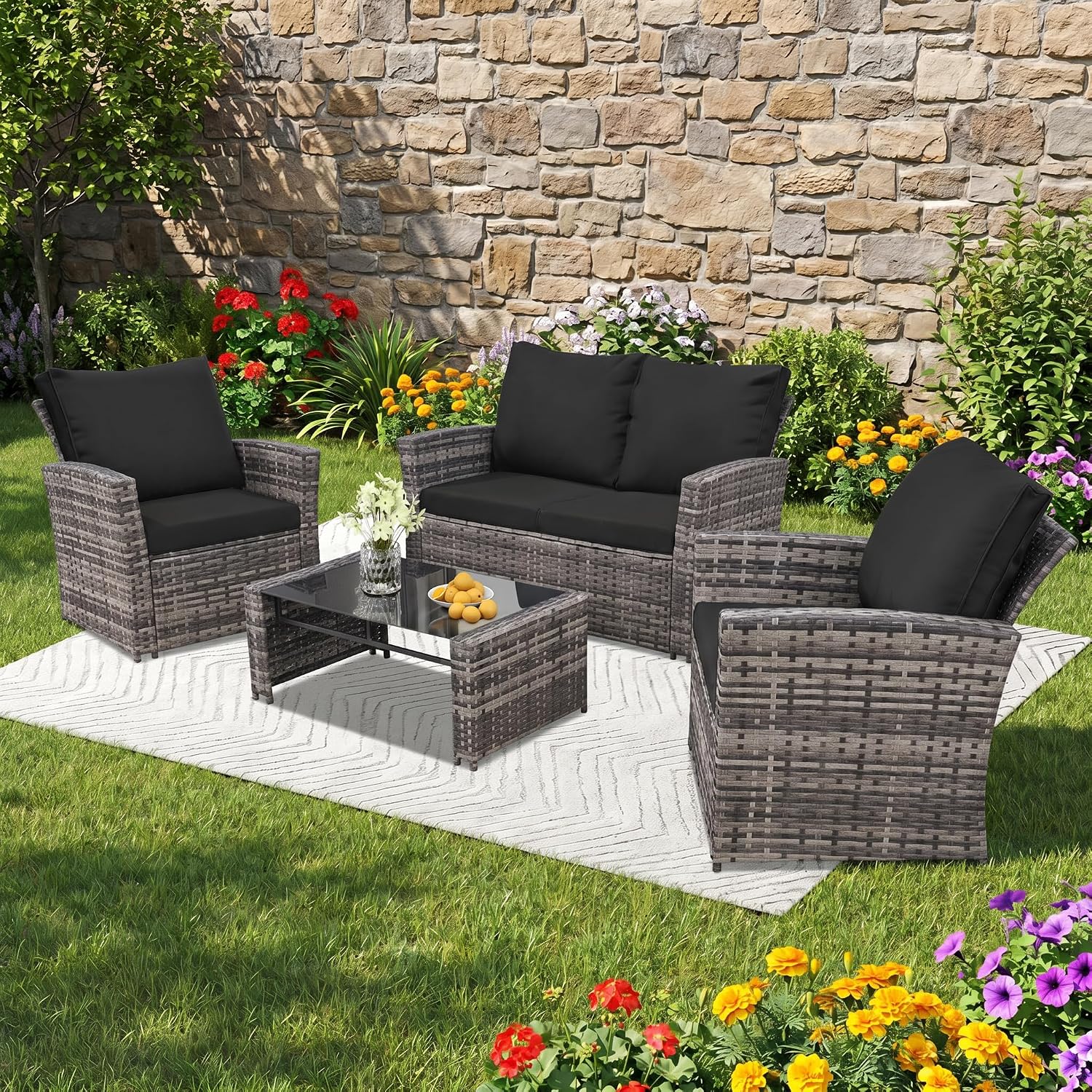 FHFO 4 Piece Patio Furniture Set, Wicker Outdoor Conversation Furniture Set, All Weather Patio Sofa Couch with Cushion & Glass Table, Grey/Black