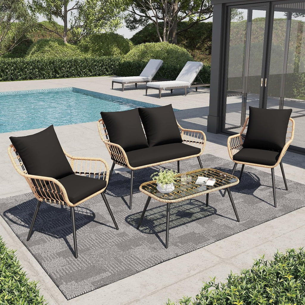 Verano Garden 4 Pieces Patio Furniture Set, Outdoor Wicker Patio Conversation Set for Porch Deck, Boho Loveseat & 2 Armchairs with Cushion and Pillow, Tempered Glass Table