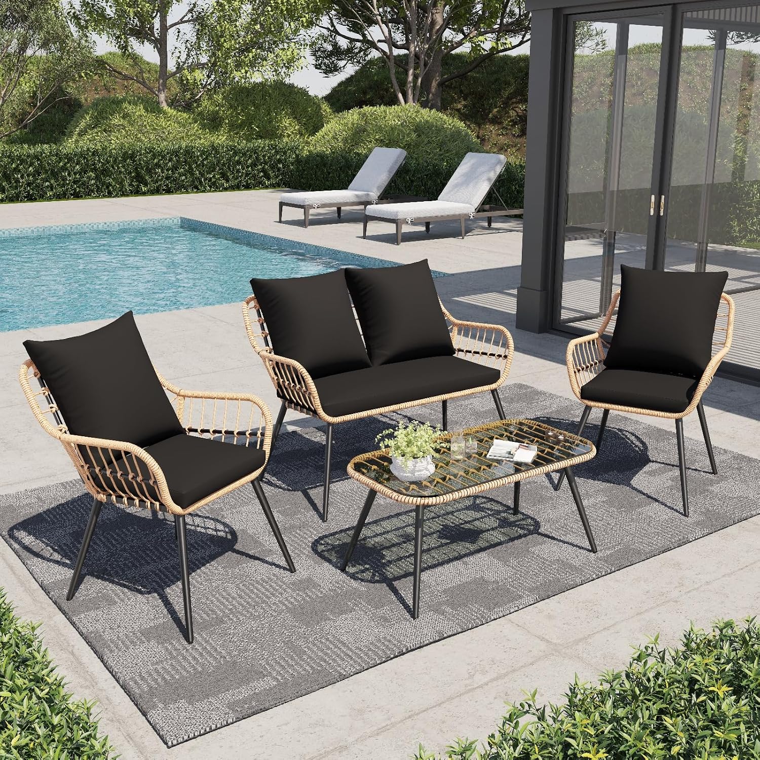 Verano Garden 4 Pieces Patio Furniture Set, Outdoor Wicker Patio Conversation Set for Porch Deck, Boho Loveseat & 2 Armchairs with Cushion and Pillow, Tempered Glass Table