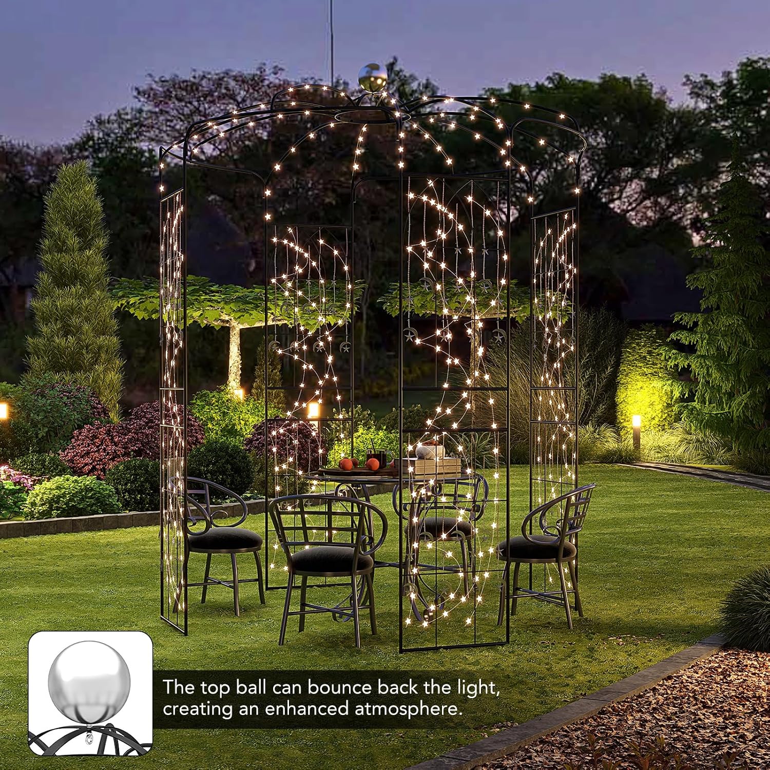 Moccha Birdcage Shape Gazebo, 9.4' H x 6.8' W Pergola Pavilion Arbor for Climbing Plants, French Style Arch Trellis with 8 Ground Stakes, Outdoor Metal Garden Arch for Wedding Party Decoration, Black