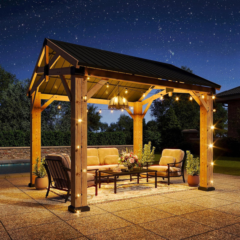 Aoxun 10' x 10' Outdoor Wood Gazebo, Hardtop Gazebo Permanent Wooden Pavilion with Galvanized Steel Gable Roof, for Patio, Garden, Backyard, Cedar Wood