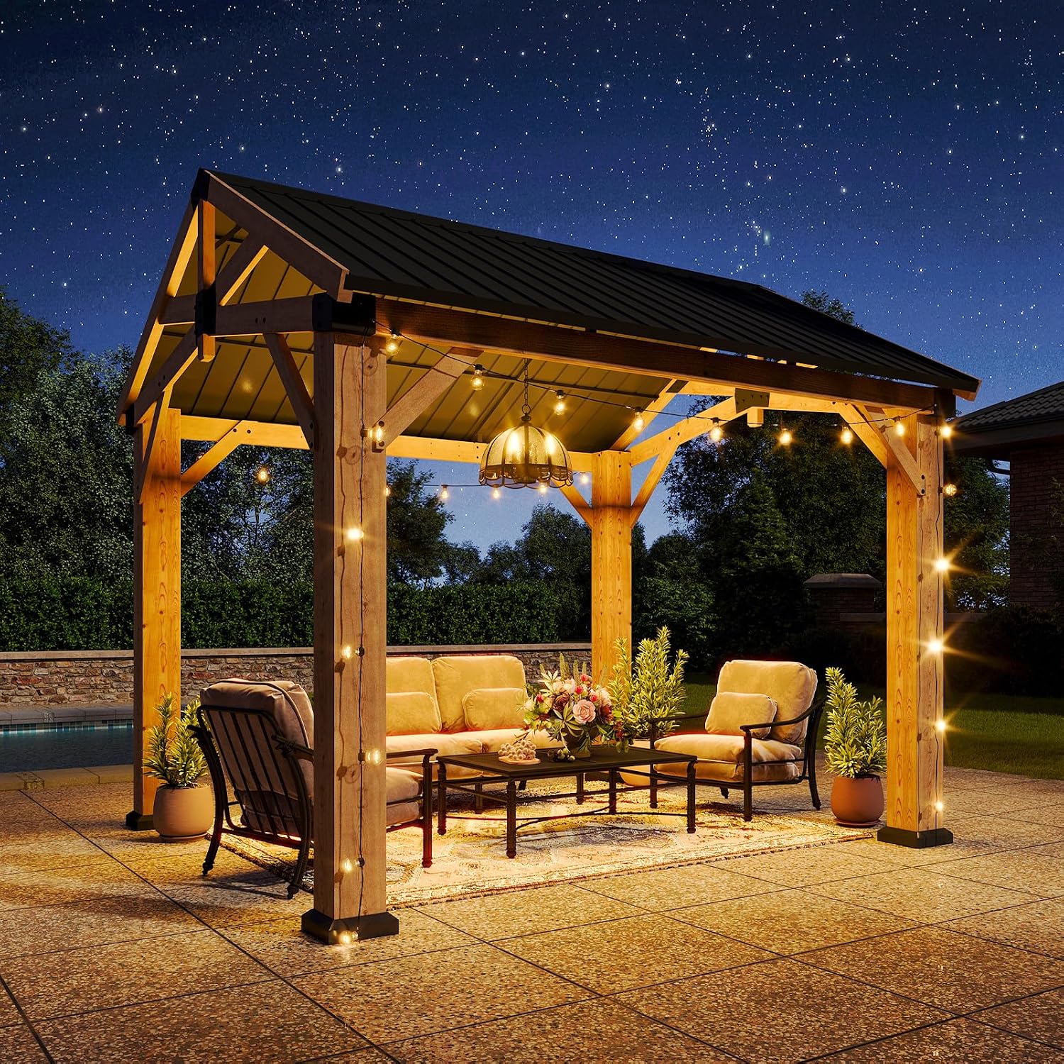 Aoxun 10' x 10' Outdoor Wood Gazebo, Hardtop Gazebo Permanent Wooden Pavilion with Galvanized Steel Gable Roof, for Patio, Garden, Backyard, Cedar Wood