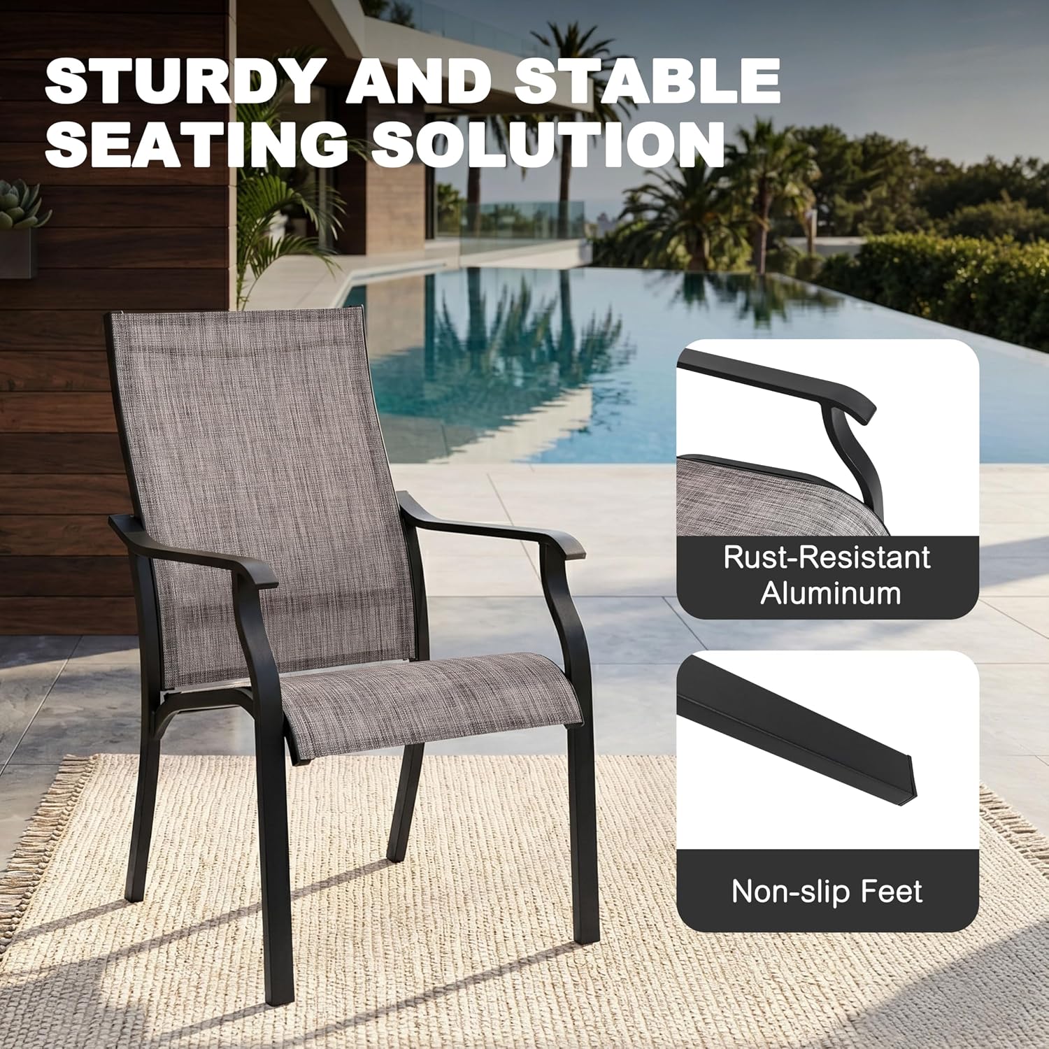 NUU GARDEN Outdoor Dining Chairs Set of 2, Textilene Patio Chairs with Aluminum Frame, Quick-Dry Rust-Resistant Chairs with Backrest & Armrests for Lawn Garden Backyard, Grayish Brown