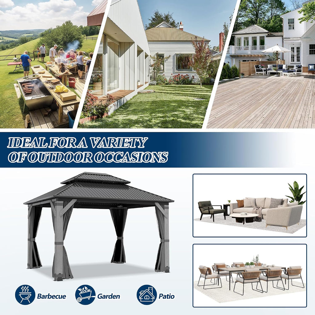 COVERONICS 10'x12' Outdoor Wood Gazebo - Hardtop Wooden Gazebo with Galvanized Steel Roof, Heavy-Duty Pavilion with Netting & Curtains for Garden, Poolside, Deck, Backyard