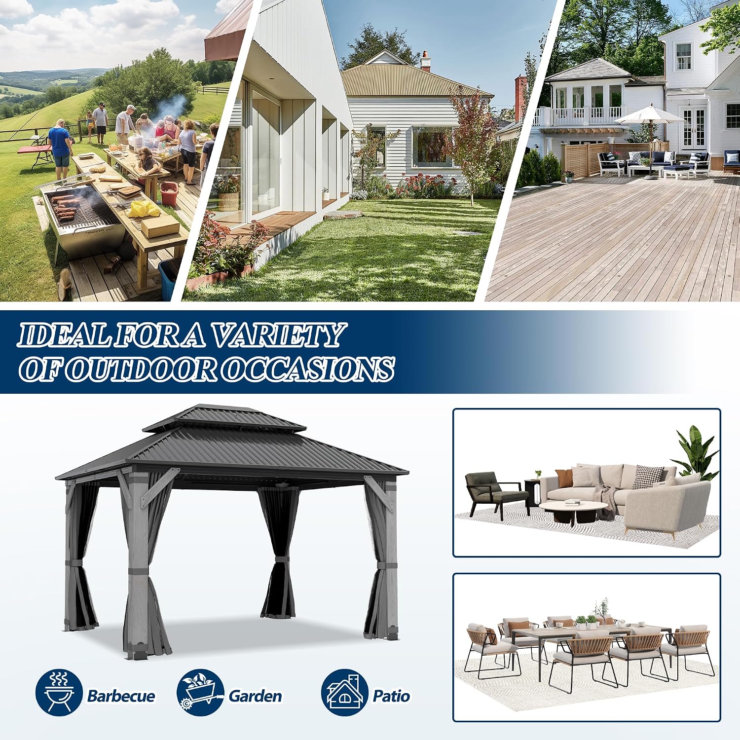 COVERONICS 10'x12' Outdoor Wood Gazebo - Hardtop Wooden Gazebo with Galvanized Steel Roof, Heavy-Duty Pavilion with Netting & Curtains for Garden, Poolside, Deck, Backyard