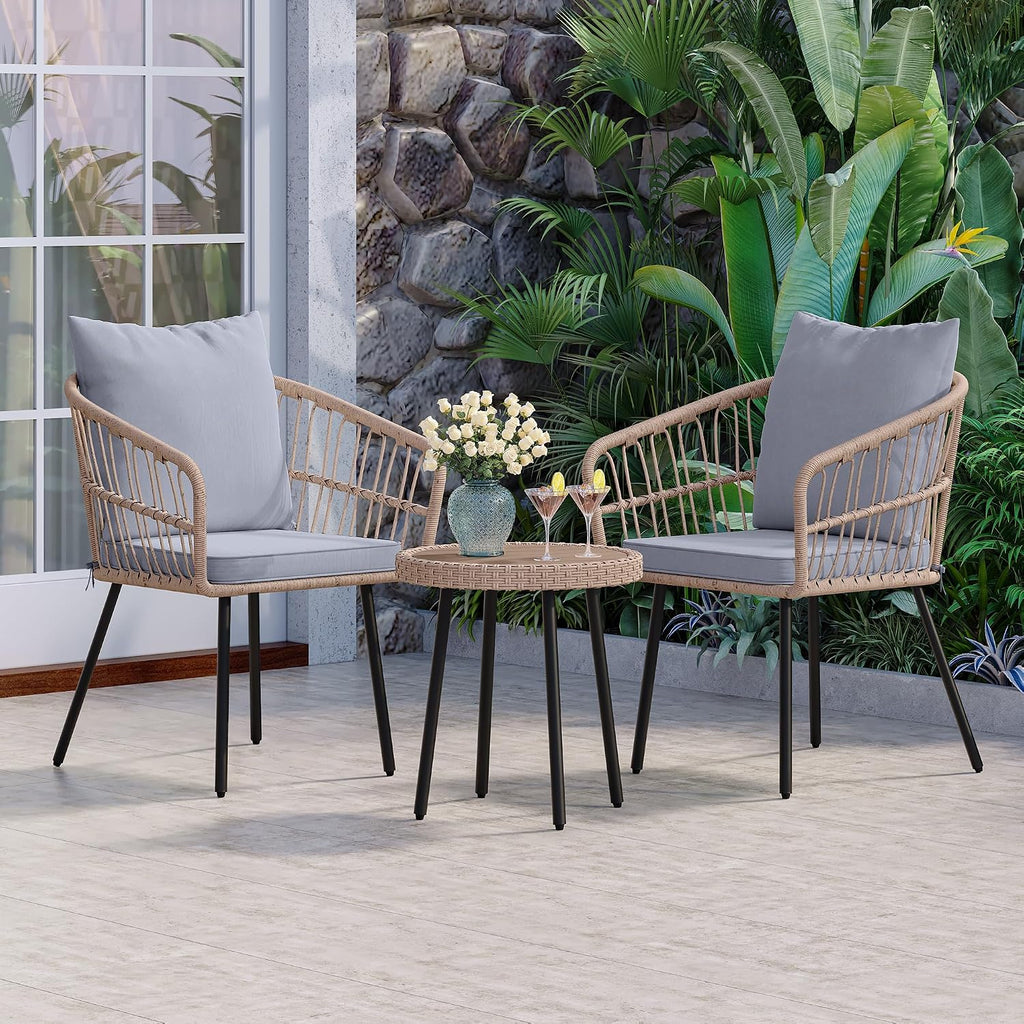 YITAHOME 3 Pieces Outdoor Bistro Set, All-Weather Wicker Patio Furniture Set, Rattan Conversation Set with Table and Chair for Balcony, Backyard, Pool, Porch, Deck - Grey