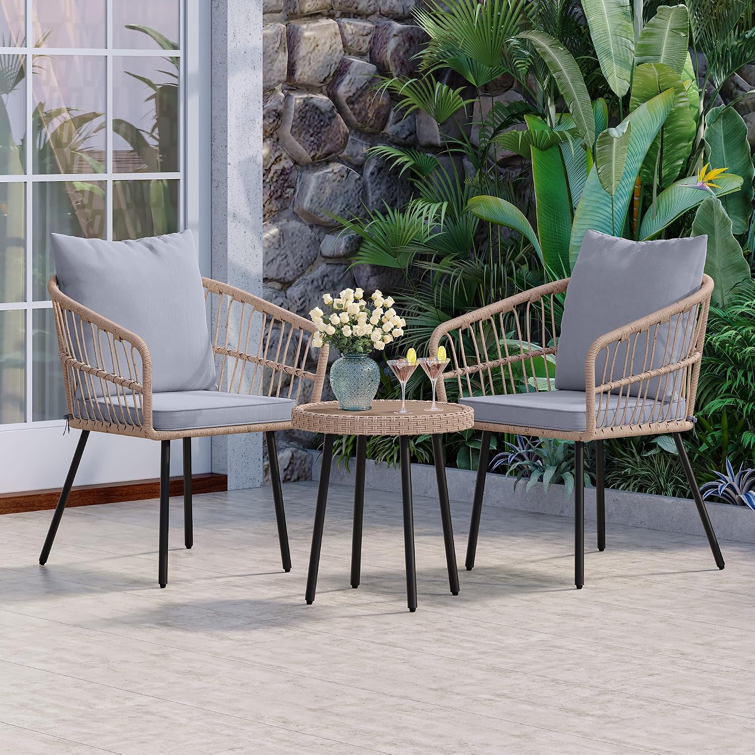 YITAHOME 3 Pieces Outdoor Bistro Set, All-Weather Wicker Patio Furniture Set, Rattan Conversation Set with Table and Chair for Balcony, Backyard, Pool, Porch, Deck - Grey