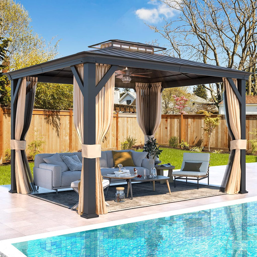 EROMMY 10'X12' Gazebo with Galvanized Steel and Acrylic Roof, Thickened Aluminum Frame Included, Outdoor Permanent Pavilion Gazebos with Curtains and Nettings for Patio, Backyard, Deck