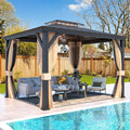 EROMMY 10'X12' Gazebo with Galvanized Steel and Acrylic Roof, Thickened Aluminum Frame Included, Outdoor Permanent Pavilion Gazebos with Curtains and Nettings for Patio, Backyard, Deck