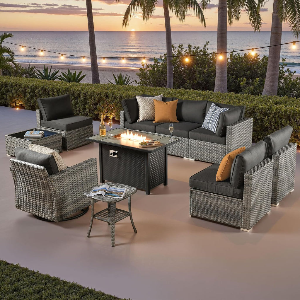 ovios 10 Piece Outdoor Patio Furniture Set with Fire Pit Table,Conversation Sectional Wicker Couch with Swivel Chairs,Modern Outside Sofa for Balcony Backyard, Black