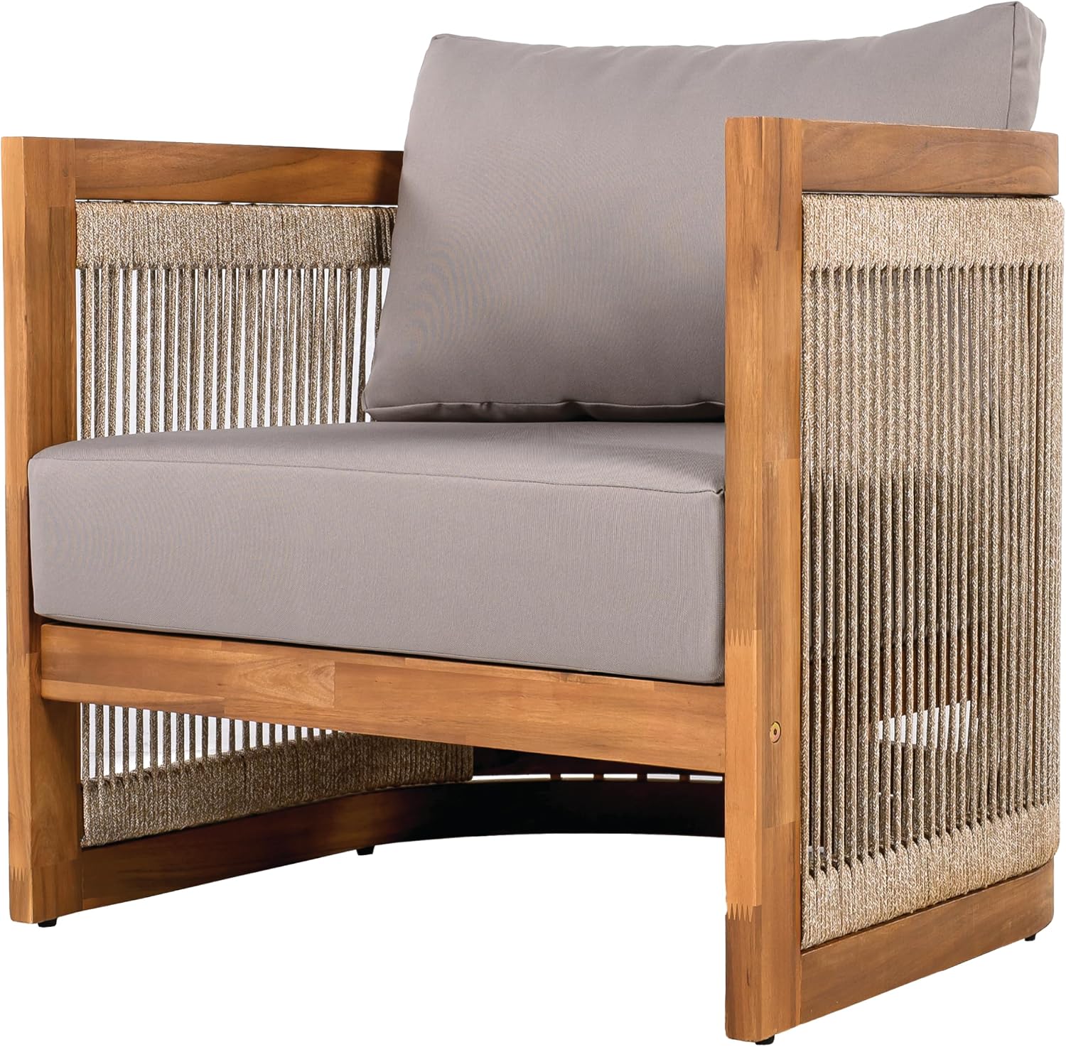 Merax 4-Piece Patio Premium Acacia Wood Outdoor Furniture Set,All Weather Curved Tub Design with Woven Rope Accents Loveseat Chairs and Table for Backyard, Balcony and Deck,Teak+Grey