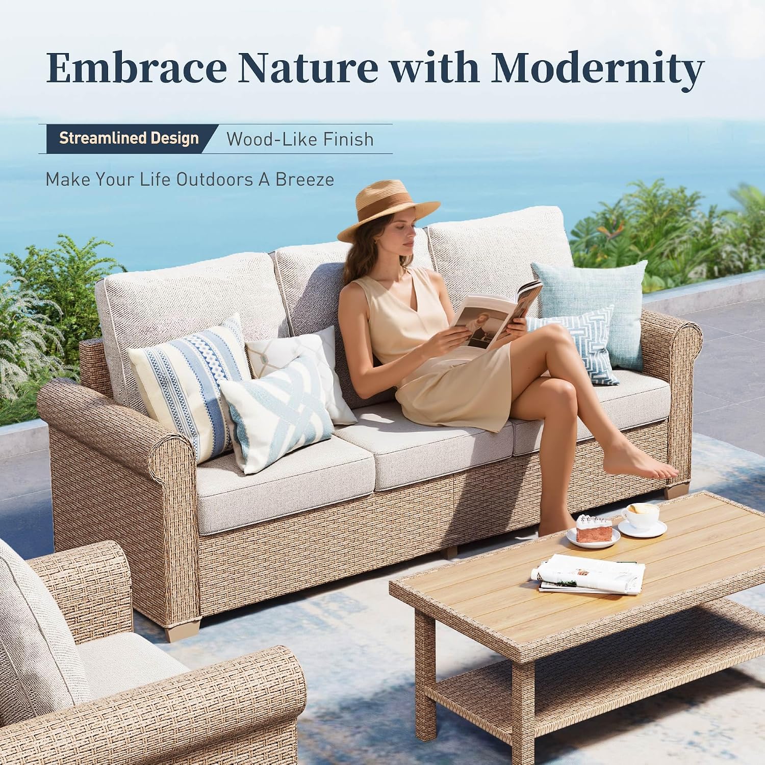 SUNSHINE VALLEY Patio Furniture Set 4 pcs, Wicker Rattan Sofa with 5.5' Thick Waterproof Cushions, 2 Chairs and Coffee Table, All Weather Outdoor Conversation Set for Backyard Deck, 5 Seats Beige