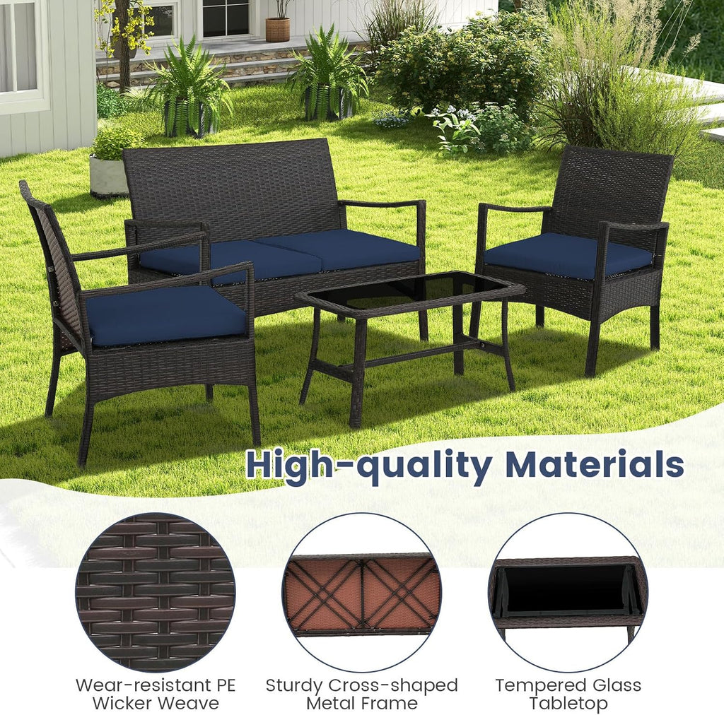 Tangkula 8 Pieces Outdoor Conversation Set, Patio PE Wicker Sofa with Tempered Glass Coffee Table, Soft Seat Cushions Included, Modern Rattan Chair Table Set for Porch, Backyard (2, Navy)