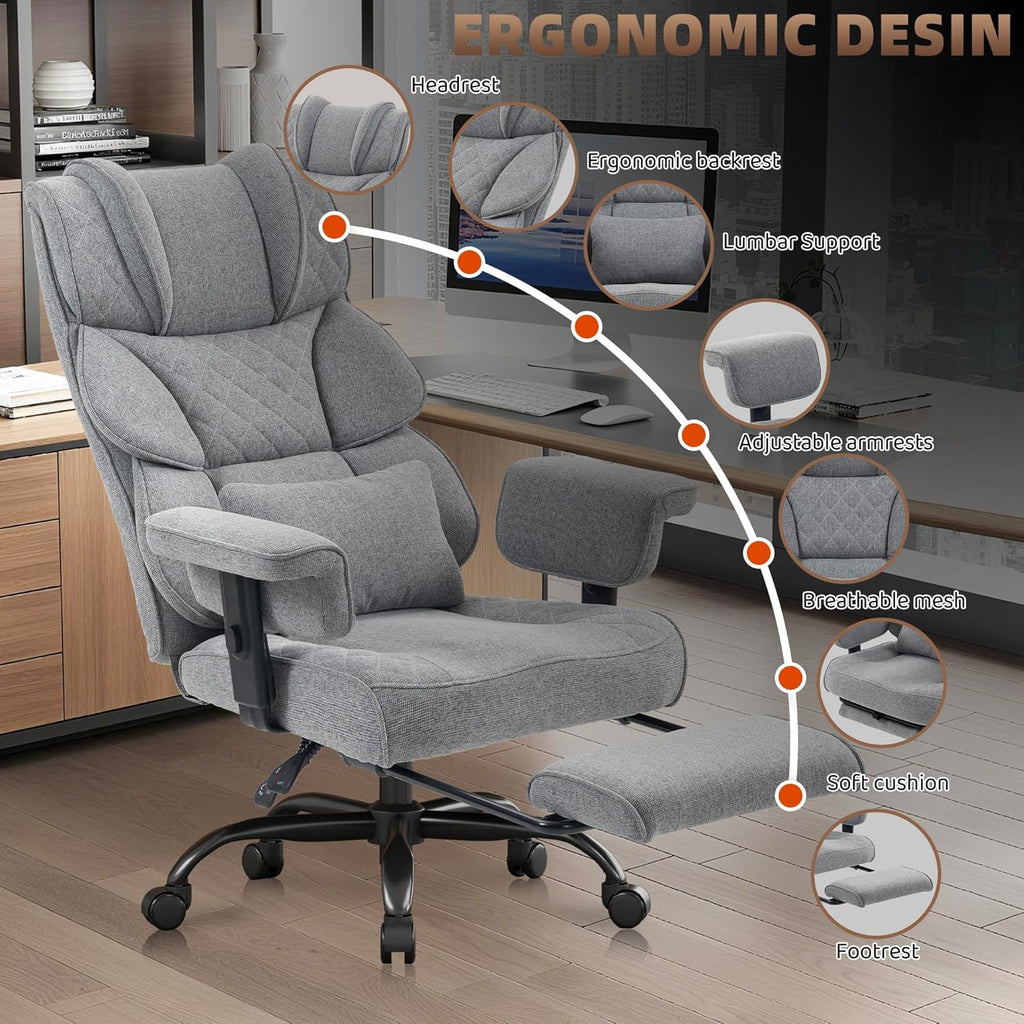 Vonesse Big and Tall Office Chair, Computer Chair with Soft Adjustable Armrests, Ergonomic Gaming Chair with Breathable Linen Design, Executive Chairs with Footrest (Linen Fabric, Gray)