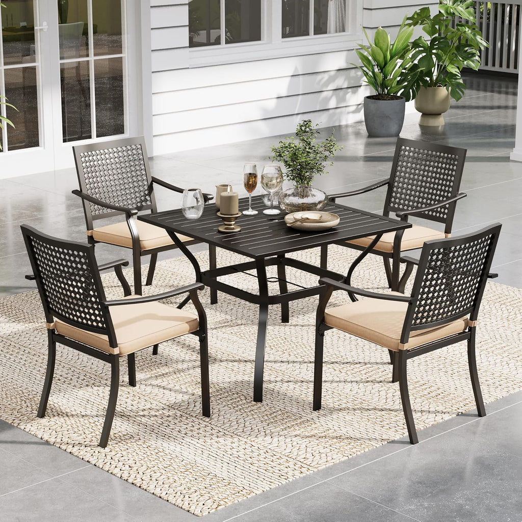Sophia & William Patio Table and Chairs Set, Outdoor Dining Set for 4, 5 Piece Metal Patio Furniture, 37' Black Square Table(Beehive)