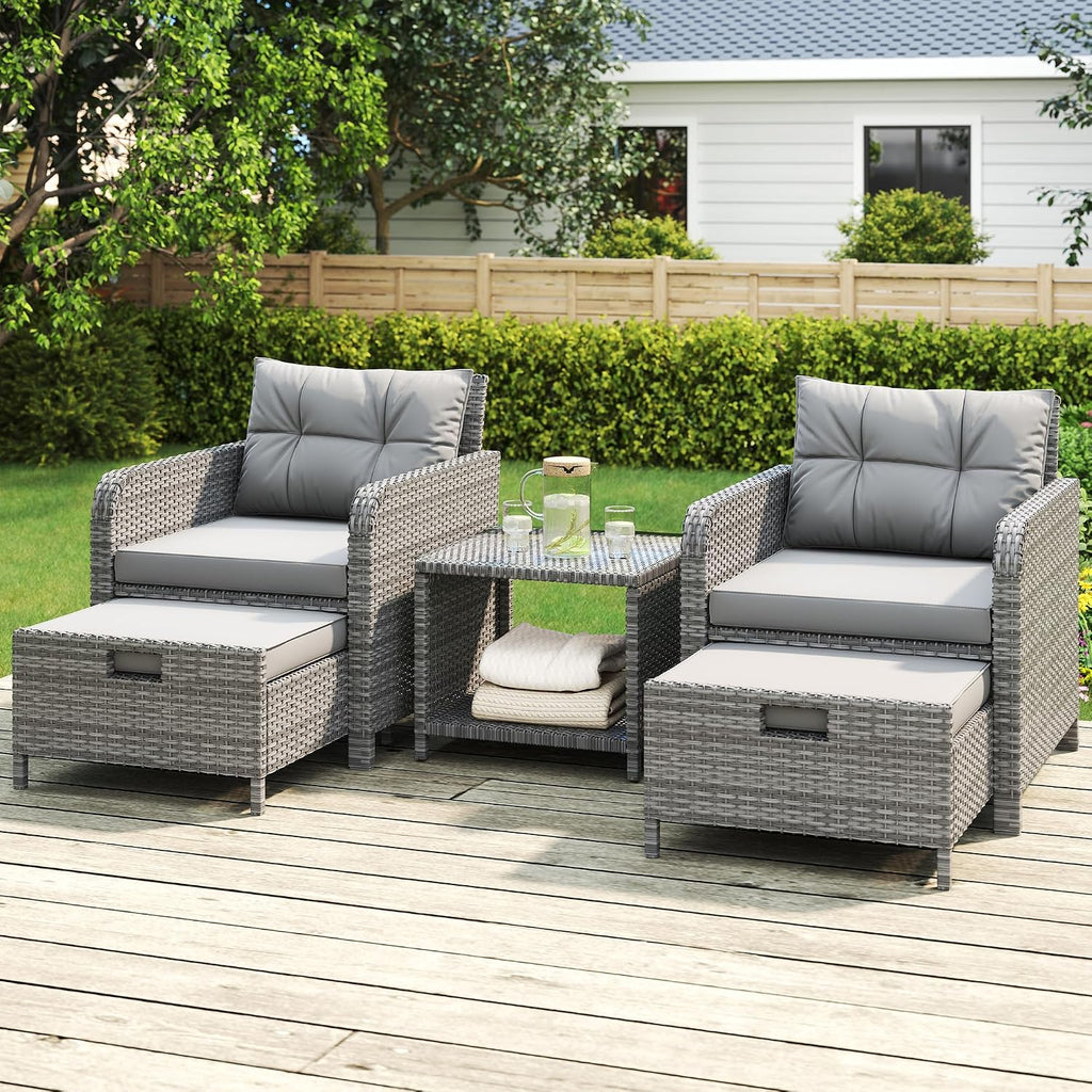 5 Pieces Patio Furniture Set, Hand-Woven Rattan Patio Conversation Set with Soft Cushions & Coffee Table, Outdoor Chairs with Hidden Ottoman for Porch, Lawn, Garden, Balcony, Grey