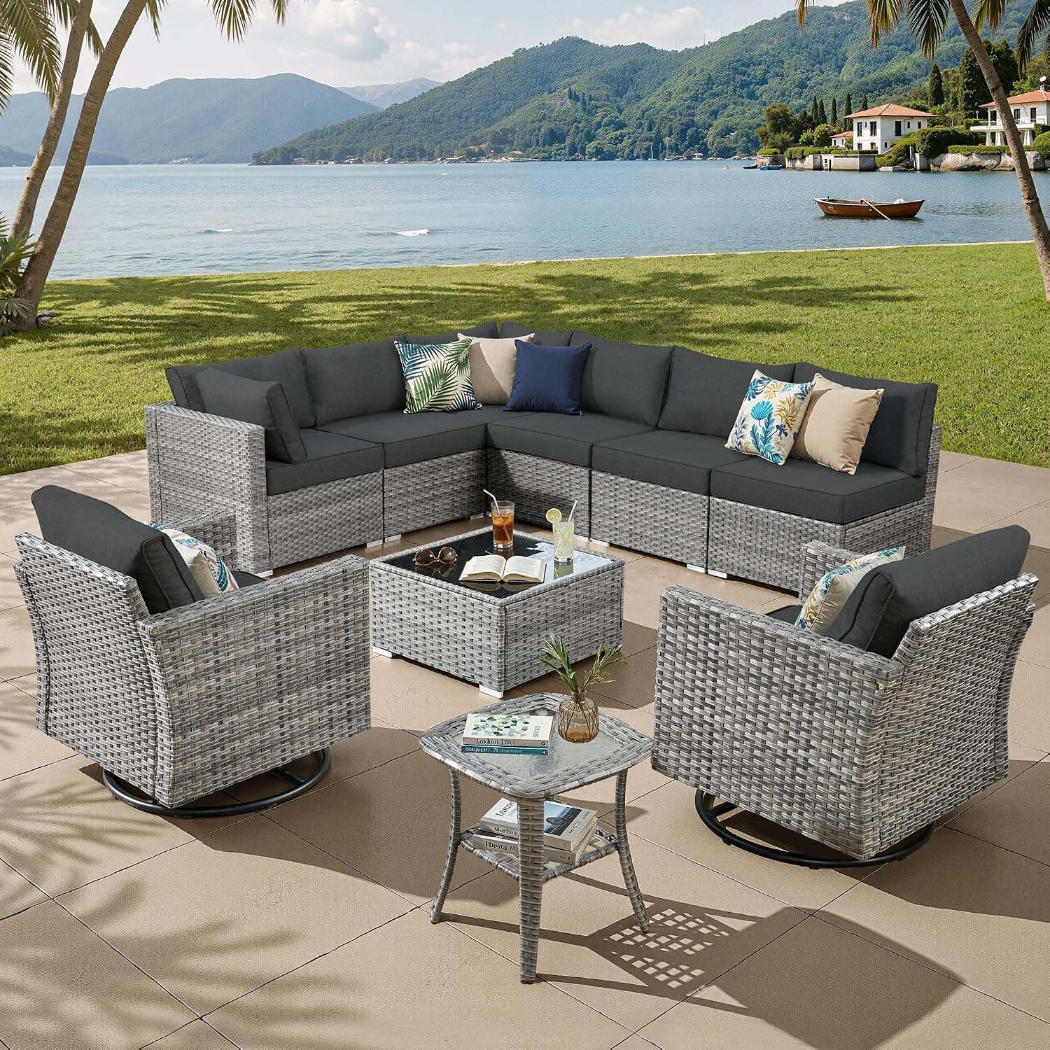 ovios Outdoor 10 Piece Coversation Set with Swivel Rocking Chair,Sectional Patio Furniture Set with All-Weather Wicker Sofa,Modern Outside Couch for Balcony Backyard Pool, Black