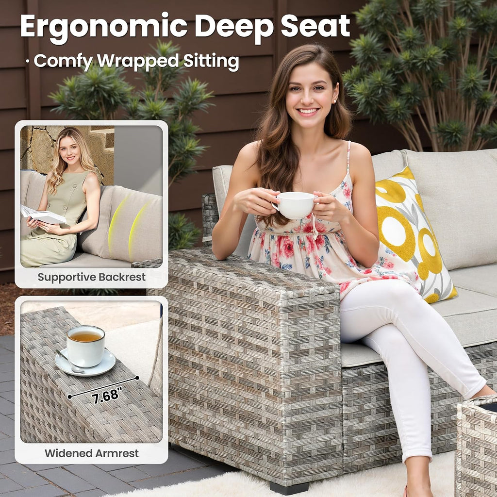 ovios 7 Pieces Patio Furniture Set, Outdoor Wicker Sectional Sofa with 42 Inch Fire Pit Table Comfy Cushions, Modern Modular Deep Seat Rattan Couch Conversation Set, Beige