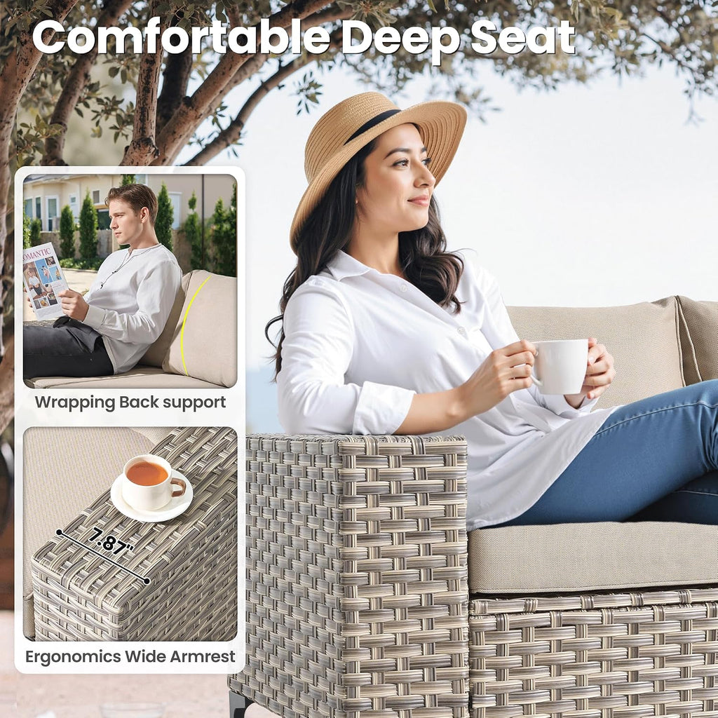 ovios 4-Piece Patio Furniture Set with L-Shape Sofa Chaise, Outdoor Sectional Couch Comfy Cushions, Modern Modular Wicker Rattan Conversation Set, Beige