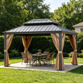 10' X 14' Hardtop Gazebo, Outdoor Galvanized Steel Double Roof Permanent Aluminum Frame Pavilion Pergola Canopy with Privacy Curtains for Garden, Patio, Backyard, Deck and Lawns
