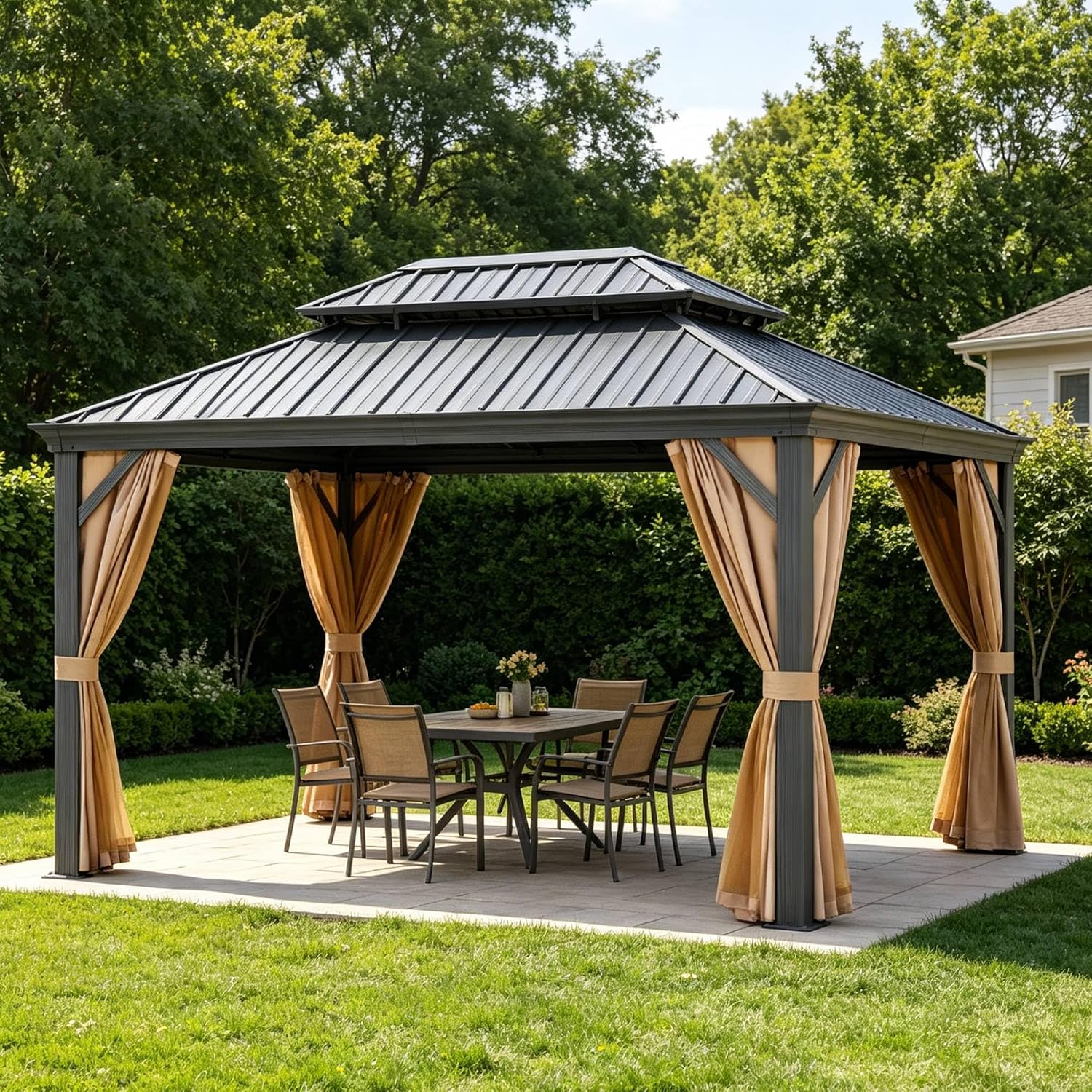 10' X 14' Hardtop Gazebo, Outdoor Galvanized Steel Double Roof Permanent Aluminum Frame Pavilion Pergola Canopy with Privacy Curtains for Garden, Patio, Backyard, Deck and Lawns
