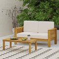 Merax Outdoor Acacia Wood Loveseat and Coffee Table Patio Conversation Set with Cushions for Backyard