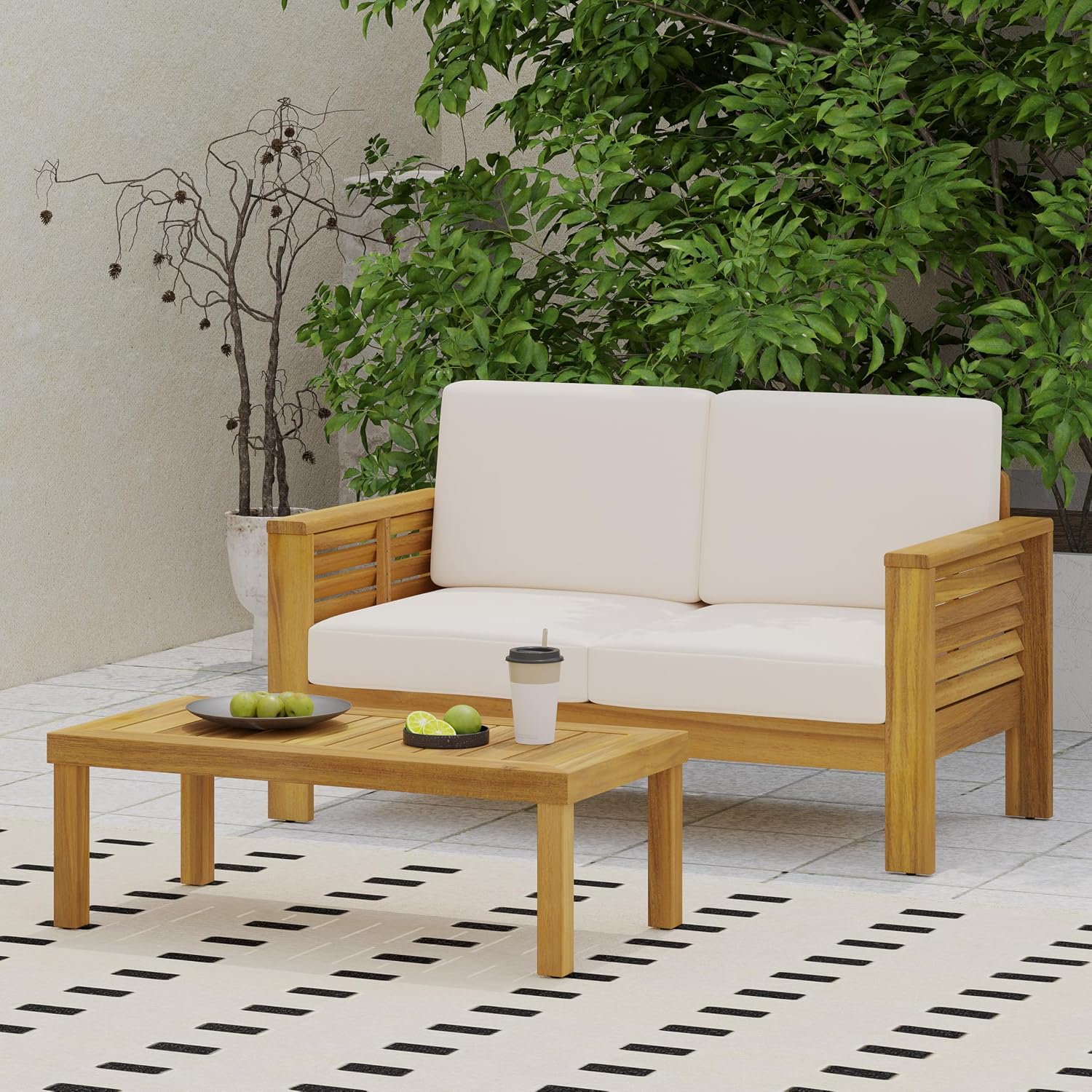 Merax Outdoor Acacia Wood Loveseat and Coffee Table Patio Conversation Set with Cushions for Backyard