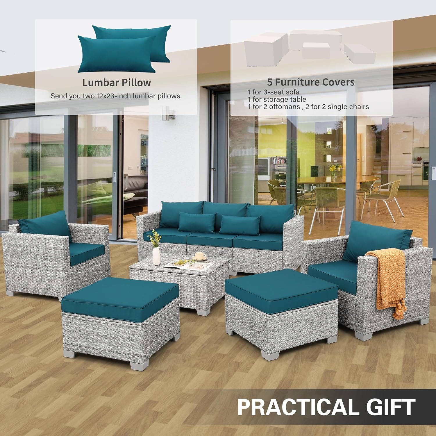WAROOM Patio Furniture Set 6 Piece PE Rattan Outdoor Conversation Sets Grey Wicker Couch Sectional Sofa with Storage Coffee Table and Peacock Blue Cushion