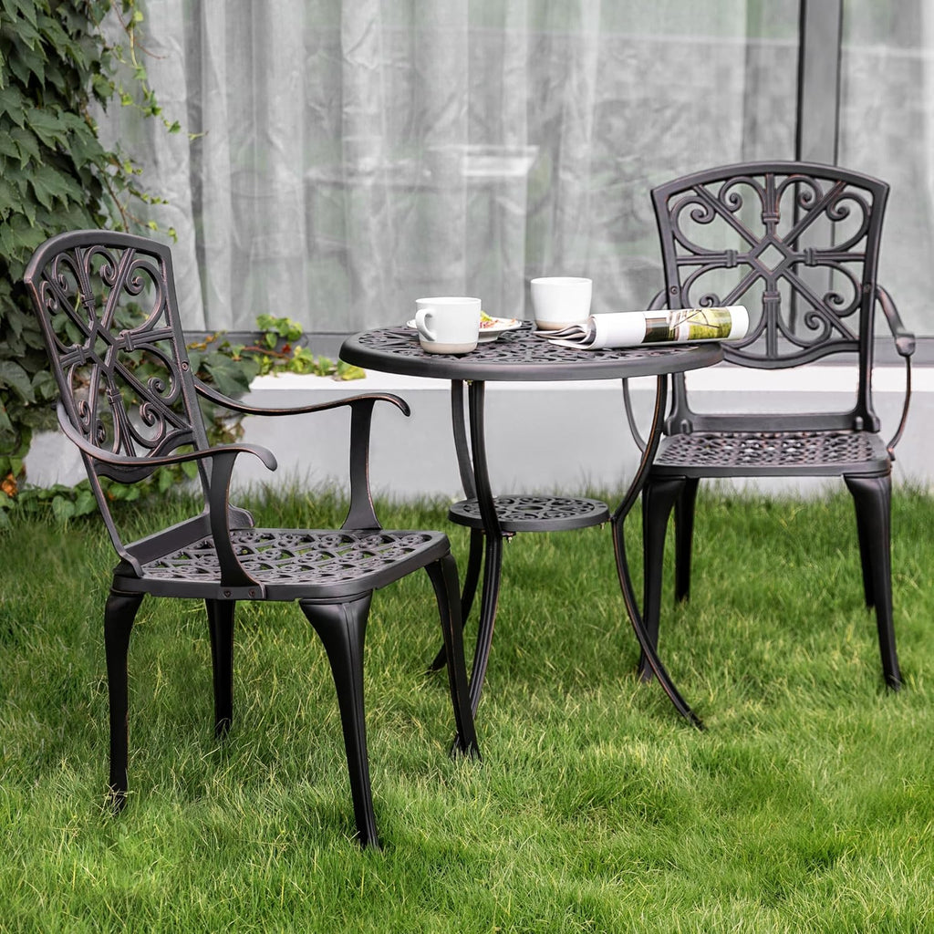 NUU GARDEN 3 Piece Outdoor Bistro Set Cast Aluminum Patio Set Bistro Table Set Rustproof Patio Table and Chairs with Umbrella Hole for Backyard, Balcony, Front Porch, Black