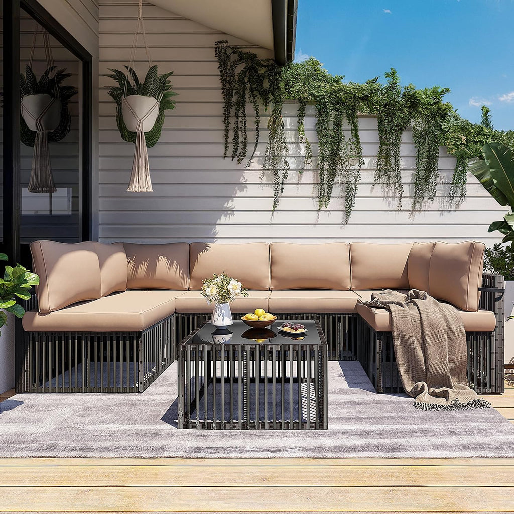 Pamapic 7-Piece Outdoor Sectional Set, Large Wicker Patio Furniture Set with Coffee Table and Washable Cushions Covers, All-Weather Patio Sofa Conversation Set for Backyard, Poolside, Garden