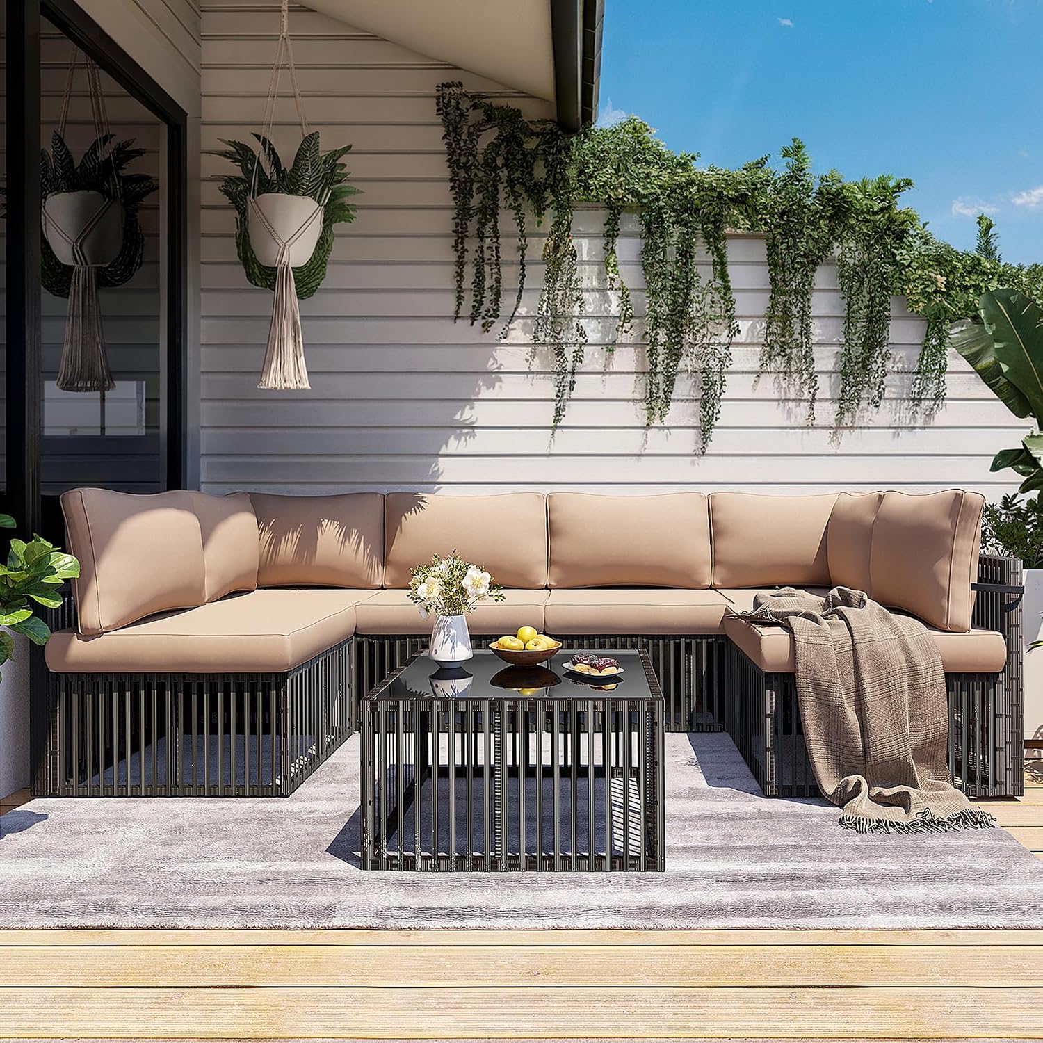 Pamapic 7-Piece Outdoor Sectional Set, Large Wicker Patio Furniture Set with Coffee Table and Washable Cushions Covers, All-Weather Patio Sofa Conversation Set for Backyard, Poolside, Garden