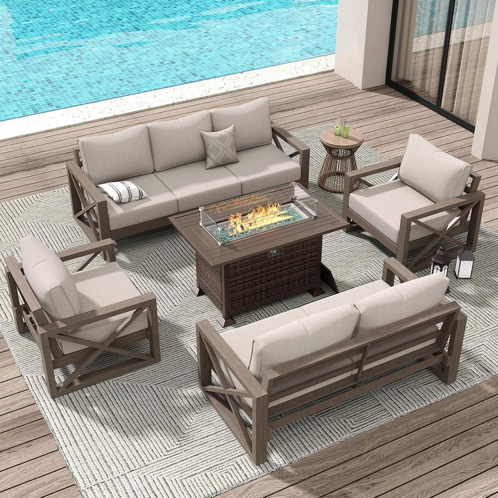 Amopatio Aluminum Patio Furniture Set with Fire Pit, 8 Pcs Metal Patio Sofa Sets with Metal Top Fire Pit Table, Modern Outdoor Furniture with 6' Cushion, Beige (Included Waterproof Covers)